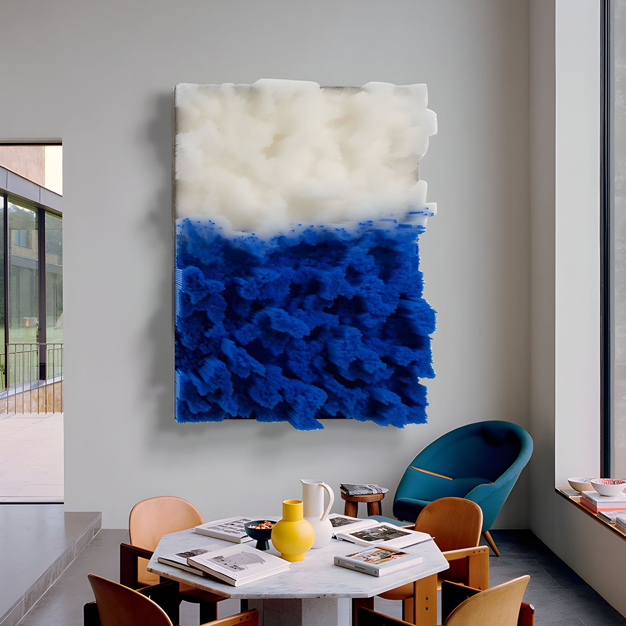 A modern room showcases Giant Sculptures' Chromavolt Blue & White Straw 3D Wall Art above a round marble table with yellow and white ceramics, wooden chairs, and a teal armchair beside tall windows.