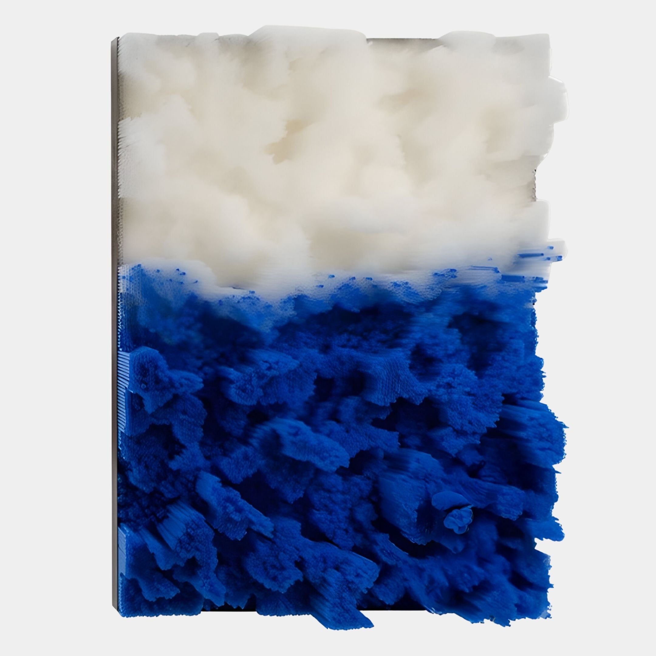 The Chromavolt Blue & White Straw 3D Wall Art by Giant Sculptures features fluffy white material above vibrant blue, evoking clouds or ocean waves—a striking sculptural wall decor for contemporary interiors.