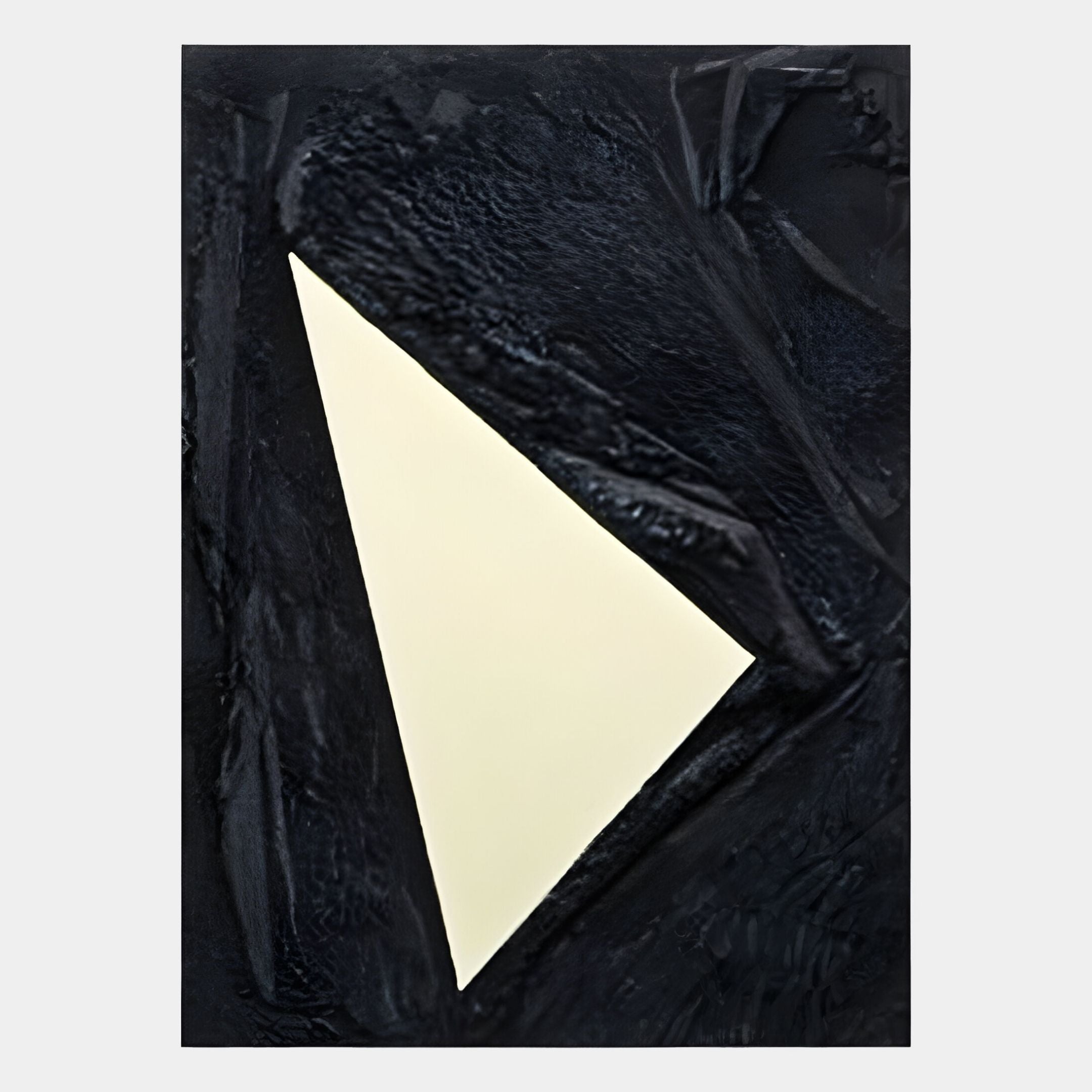 The Arclunor Black Triangle Relief Mirror 3D Wall Art by Giant Sculptures features a bold, textured black background with an off-white, irregular triangle—perfect as modern decor. Its uneven, abstract surface adds striking contrast to any space.