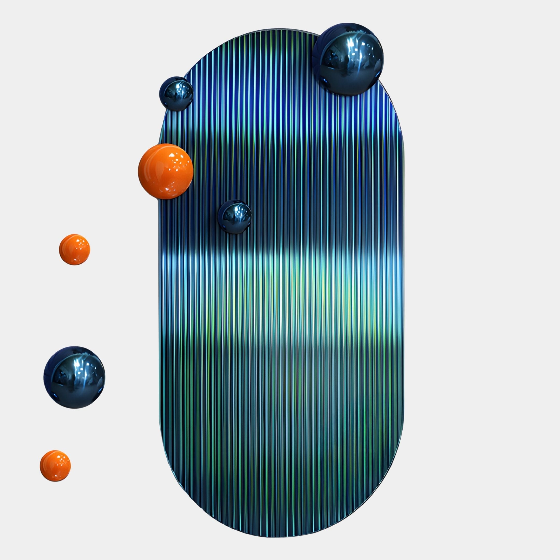 The Virellon Blue Gradient 3D Wall Art With Navy & Orange Metal Balls from Giant Sculptures features striking vertical stripes and floating metallic spheres, creating bold wall decor against a light gray background.