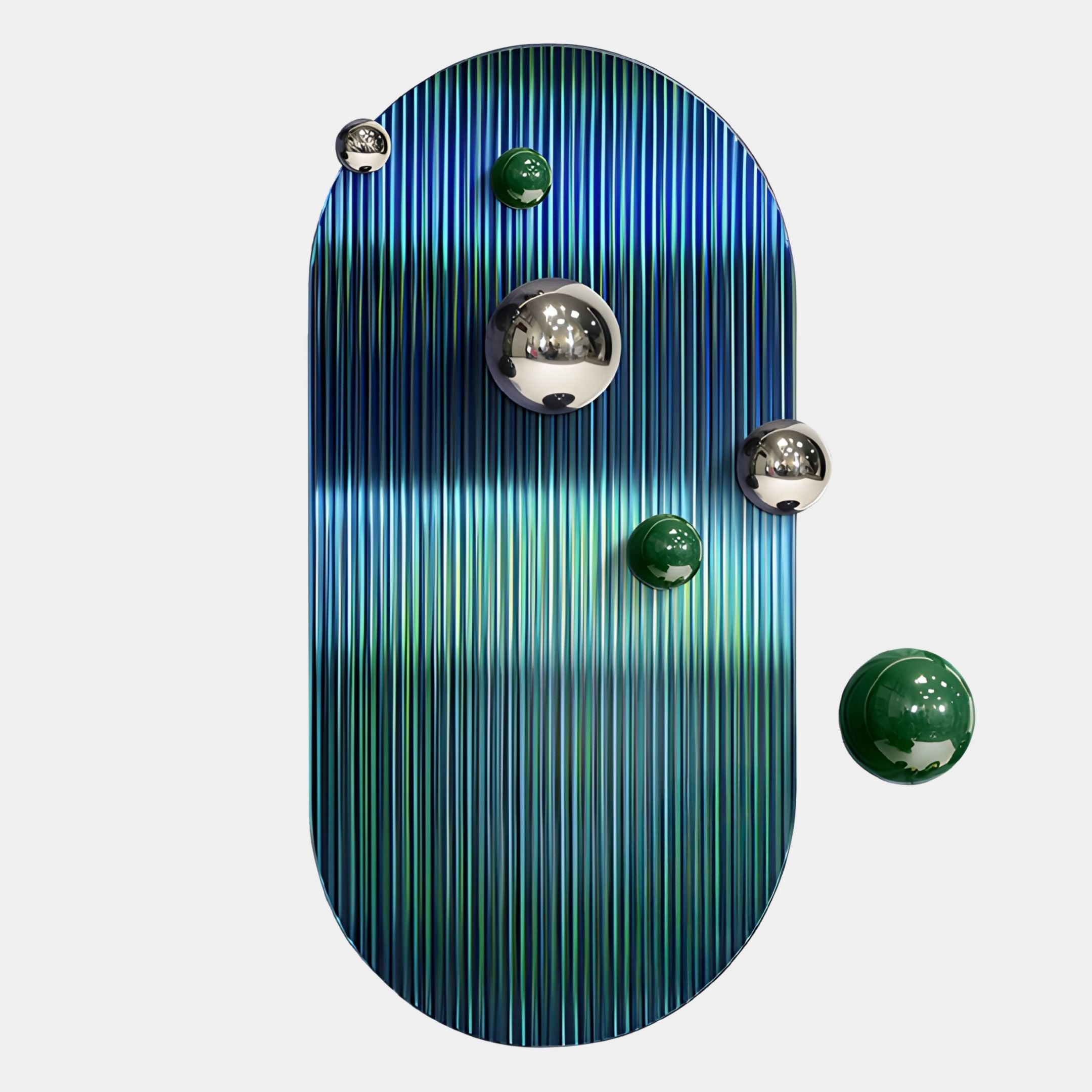 The Virellon Blue Gradient 3D Wall Art by Giant Sculptures features a vertical oval panel with green stripes and five metallic spheres—three silver, two green—making it ideal for contemporary decor.