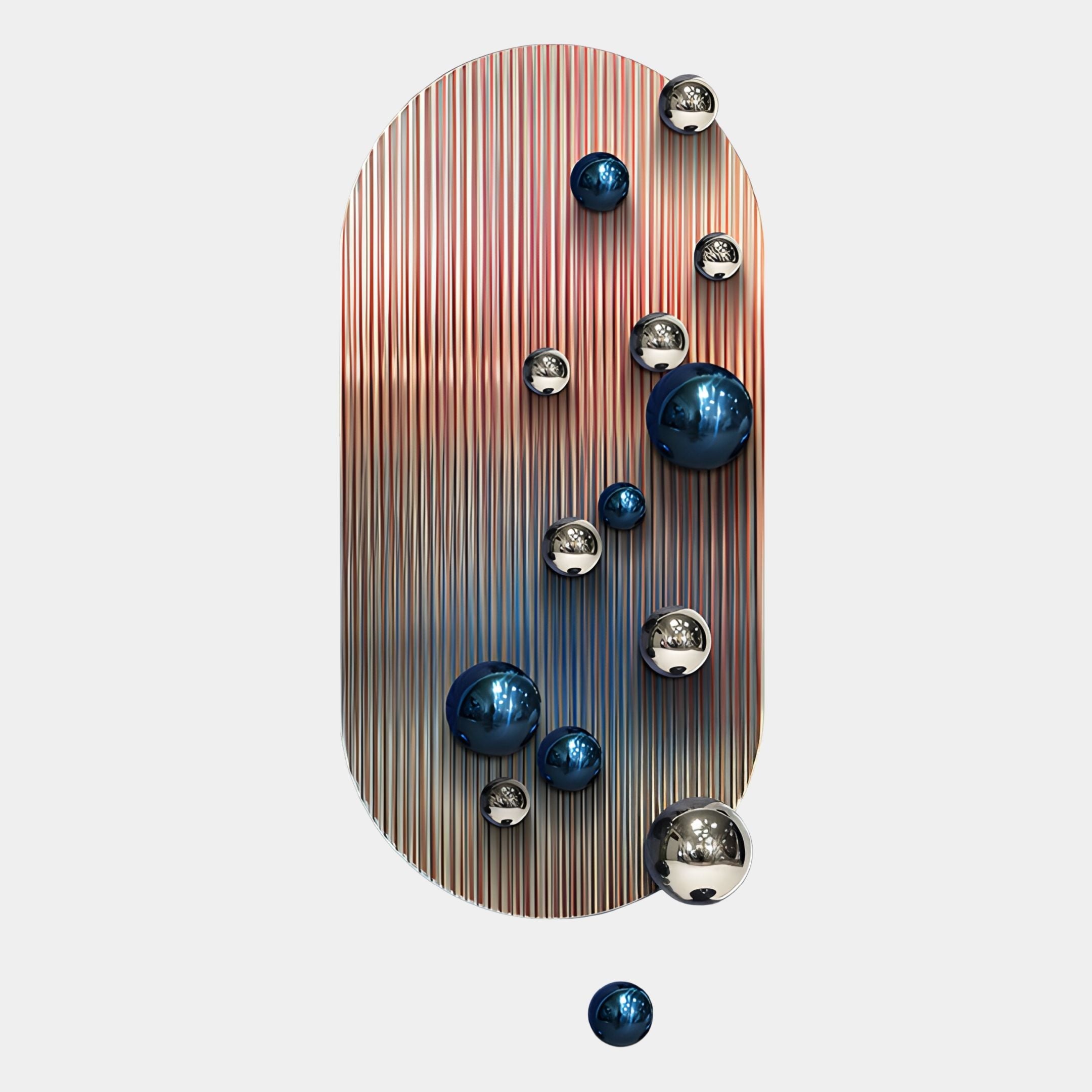 The Virellon Rose Gradient 3D Wall Art by Giant Sculptures features a vertical ribbed surface with blue and silver metal balls—perfect as modern wall decor.