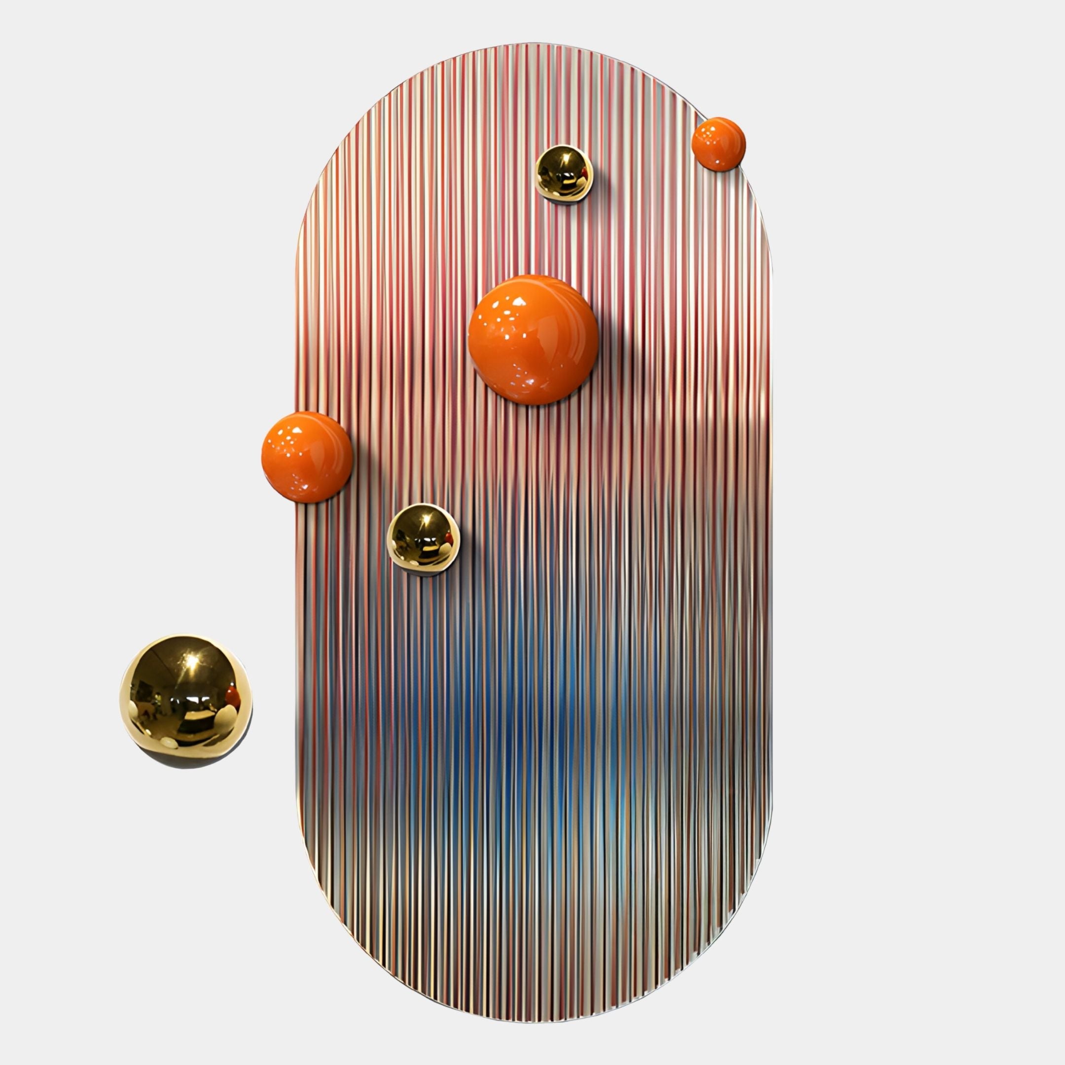 The Virellon Rose Gradient 3D Wall Art by Giant Sculptures features vertical multicolored lines and five shiny metal balls—three orange, two gold—for striking contemporary décor that enhances any plain light background.