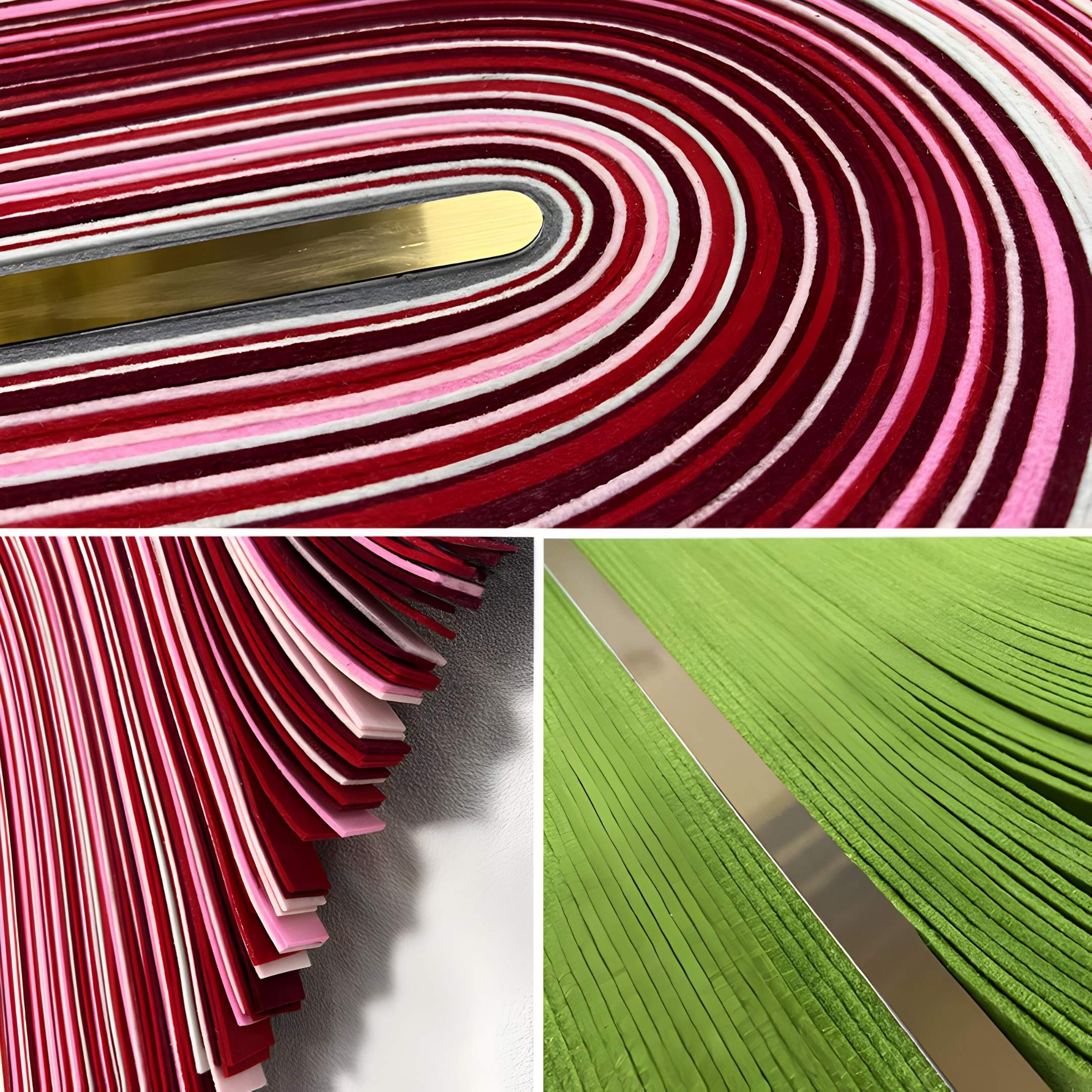 A collage of three close-ups displays the Arclune Crimson Fold Sculptural Felt 3D Wall Art by Giant Sculptures, featuring layered, curved strips in red, pink, and green with a metallic accent for a striking wall piece.