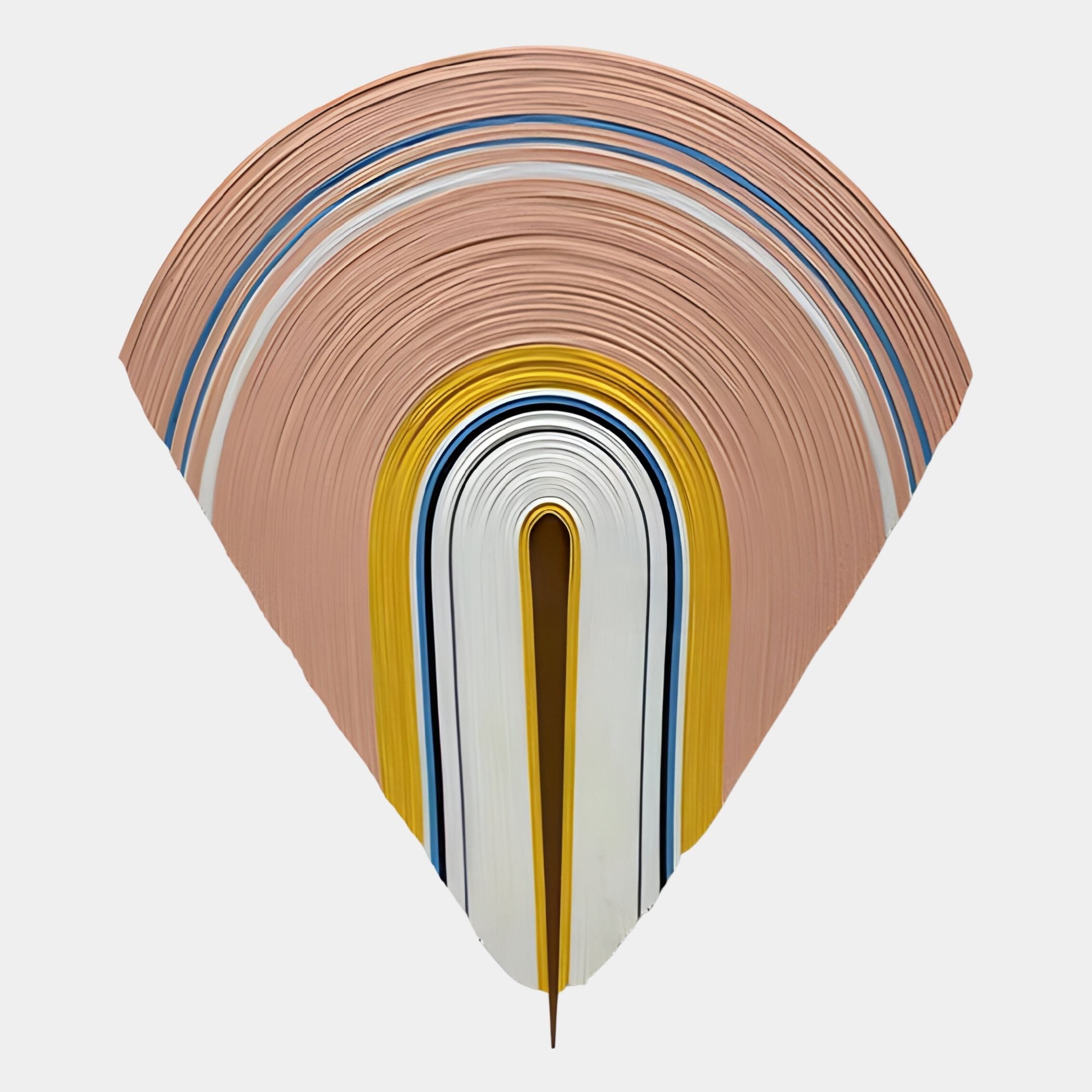 The Arclune Coral & Gold Arc Sculptural Felt 3D Wall Art by Giant Sculptures features layered, curved bands in peach, white, yellow, blue, and black forming a fan-like, symmetrical shape inspired by contemporary felt sculpture.