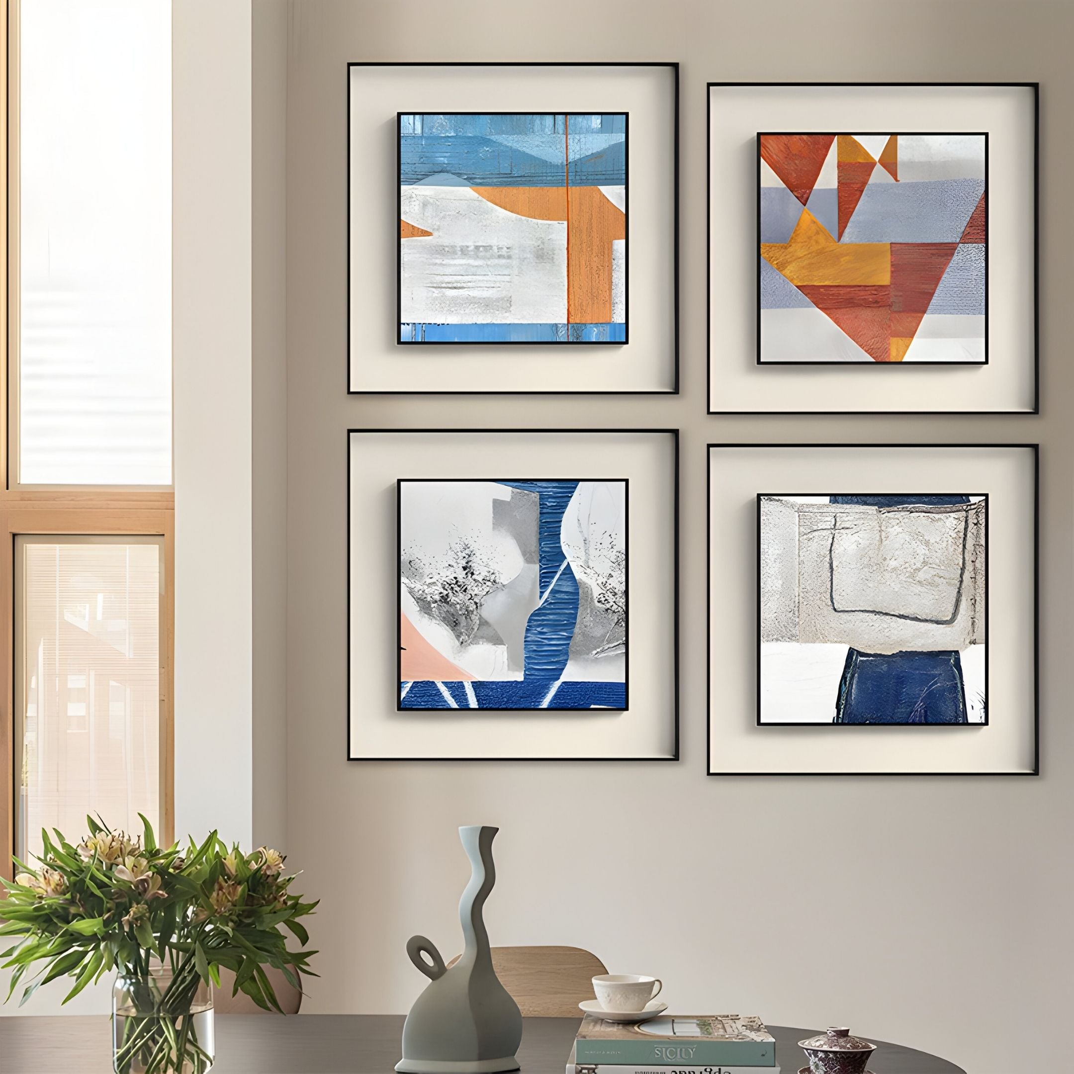 A modern dining area showcases a round table with a wavy gray vase, floral arrangement, and four Giant Sculptures Aerolith Terracotta Geometry Abstract Textured Framed Wall Art pieces on a cream wall, sunlight streaming through tall windows.