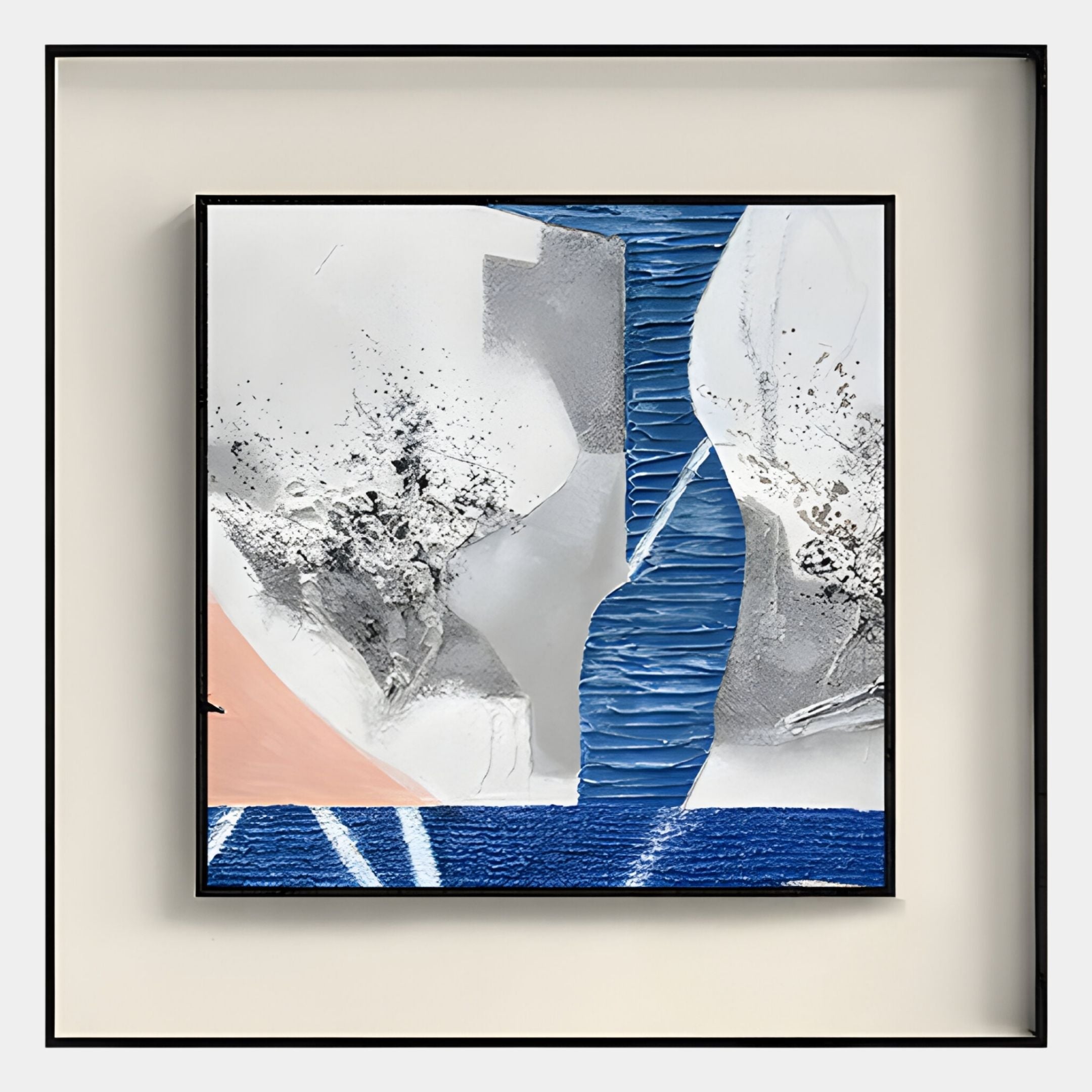 The Aerolith Blue Cascade Abstract Textured Framed Wall Art by Giant Sculptures features textured blue lines, muted gray and white sections, peach accents, and black speckles in a minimal white mat and black frame—ideal for modern interiors.