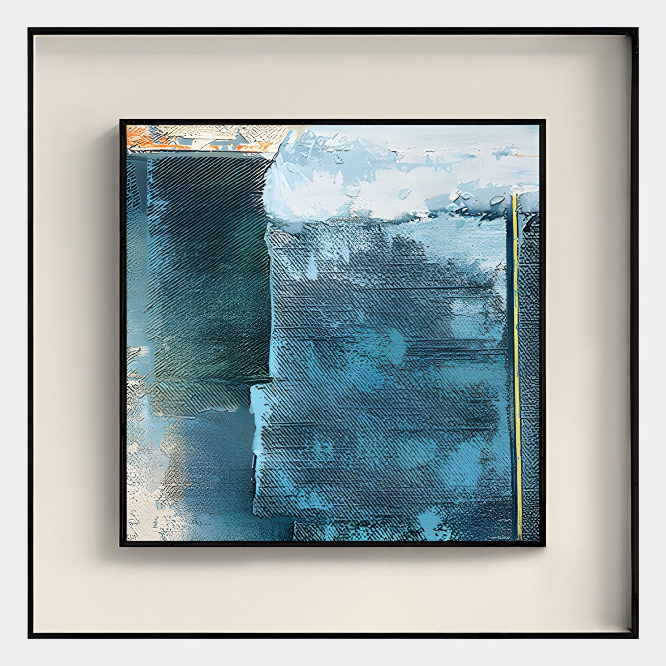 The Aerolith Arctic Blue Abstract Textured Framed Wall Art by Giant Sculptures features blue and teal blocks with white and orange highlights on beige, framed in black—perfect for adding a modern touch to any space.