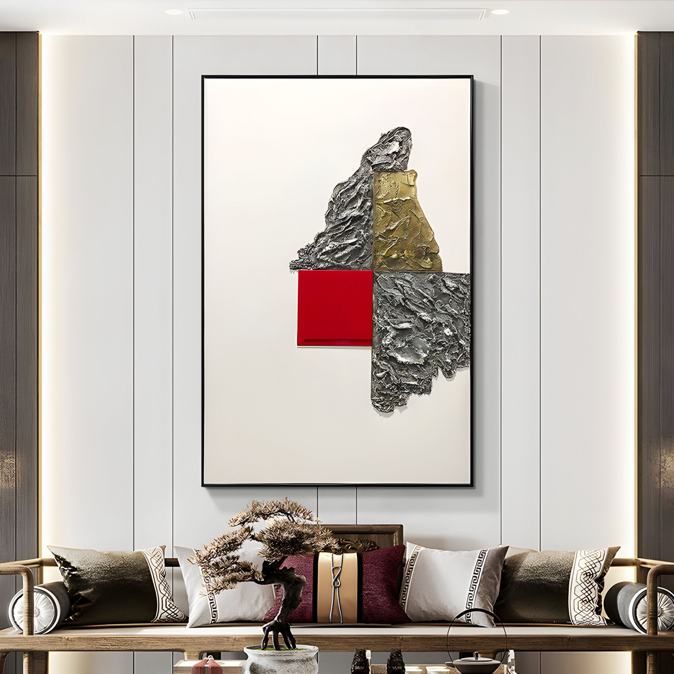 A modern living room features the Volarin Red & Gold Layered Relief 3D Wall Art by Giant Sculptures above a beige sofa with patterned cushions, complemented by a coffee table showcasing decorative items.