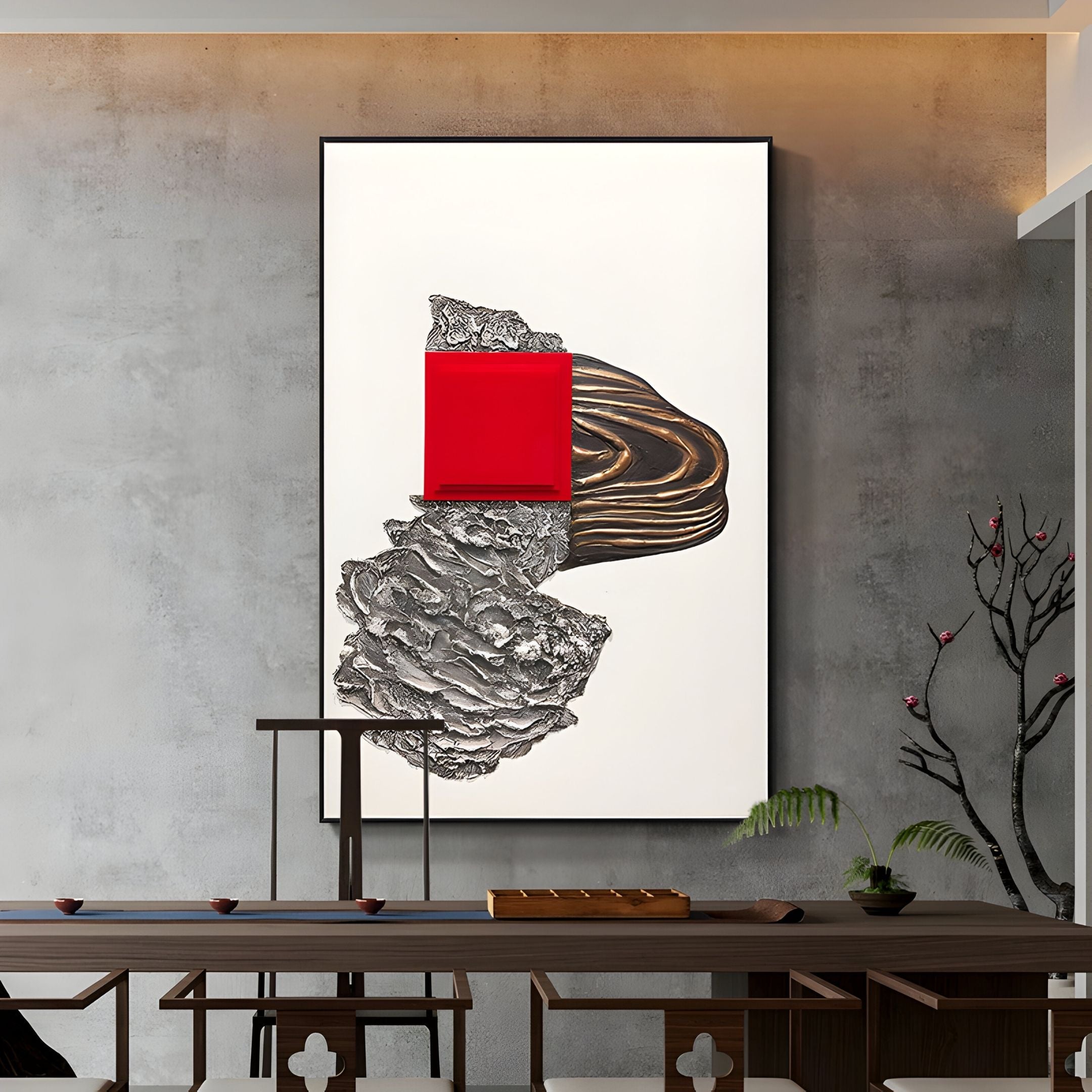 A modern dining room features a minimalist wooden table, simple chairs, and Giant Sculptures' Volarin Red & Bronze Layered Relief 3D Wall Art—a striking abstract piece—displayed on a textured gray wall.
