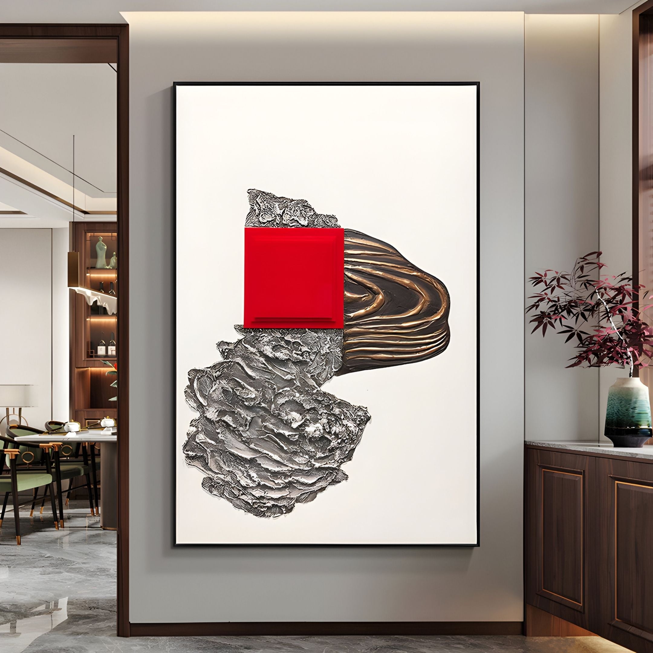 The Volarin Red & Bronze Layered Relief 3D Wall Art by Giant Sculptures features abstract wood grain in brown and black, textured gray shapes, and a bold red center square, enhancing the space’s contemporary elegance.