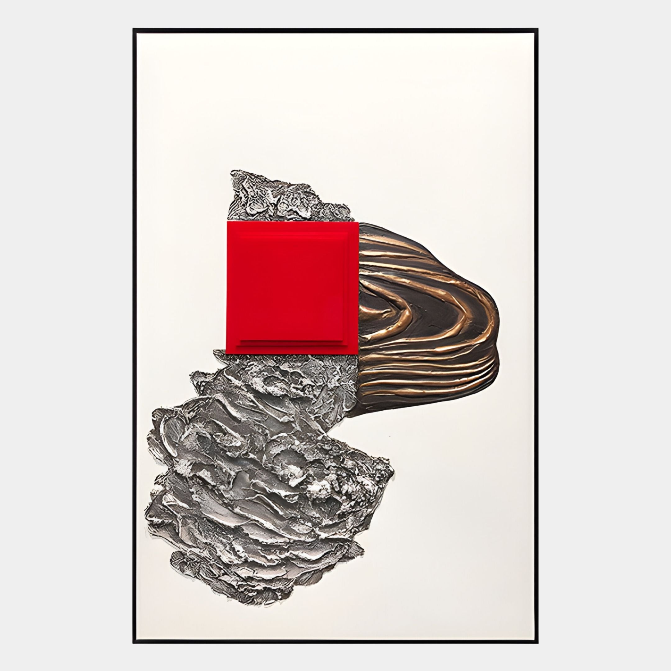 The Volarin Red & Bronze Layered Relief 3D Wall Art by Giant Sculptures features textured black and brown organic shapes on white, accented with a bold, glossy red rectangle at the center.