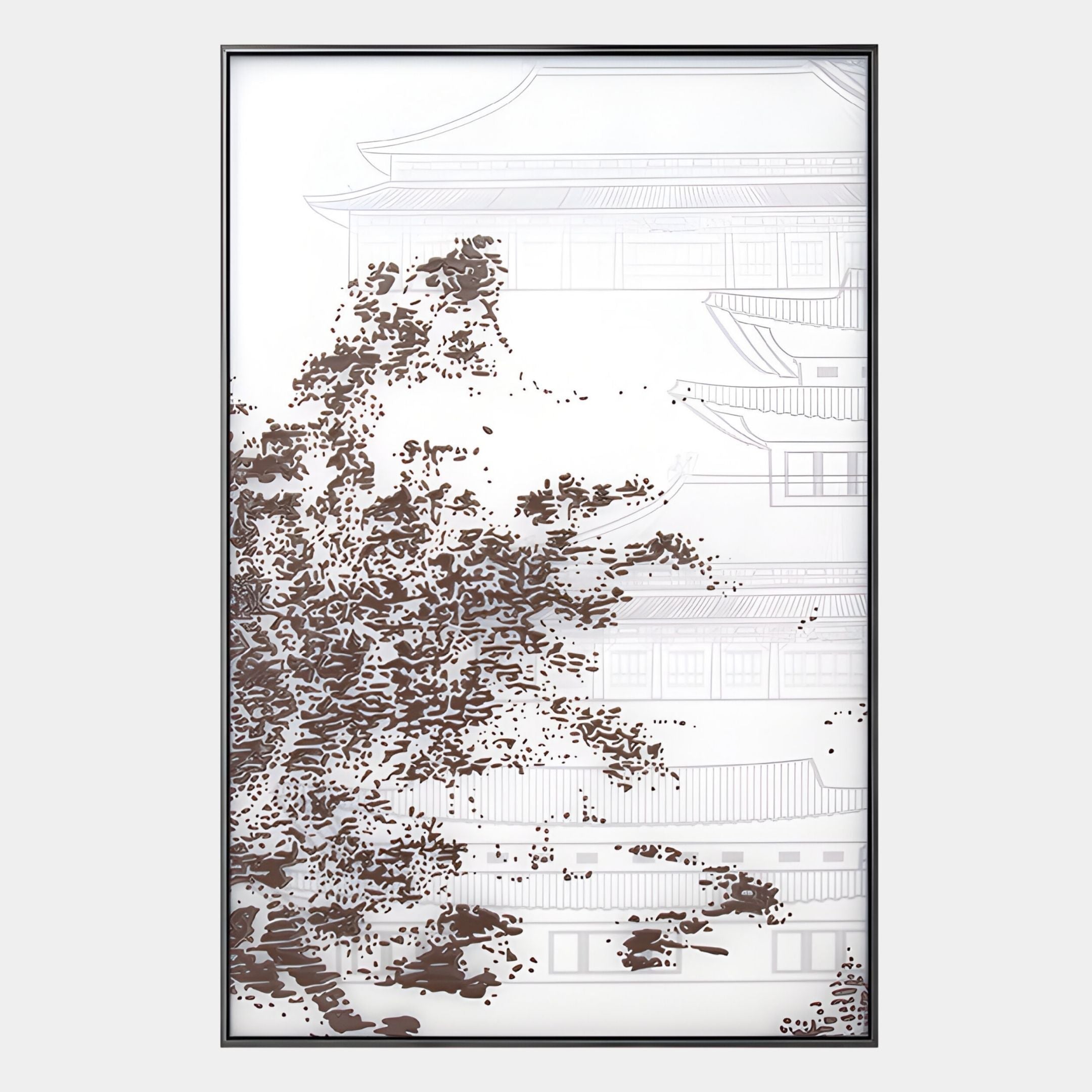The Kairoshi I Pavilion Architectural Silk Relief 3D Wall Art by Giant Sculptures features a traditional Japanese building with layered roofs, a brown stylized tree, and a serene white background with fine grey outlines for an elegant effect.
