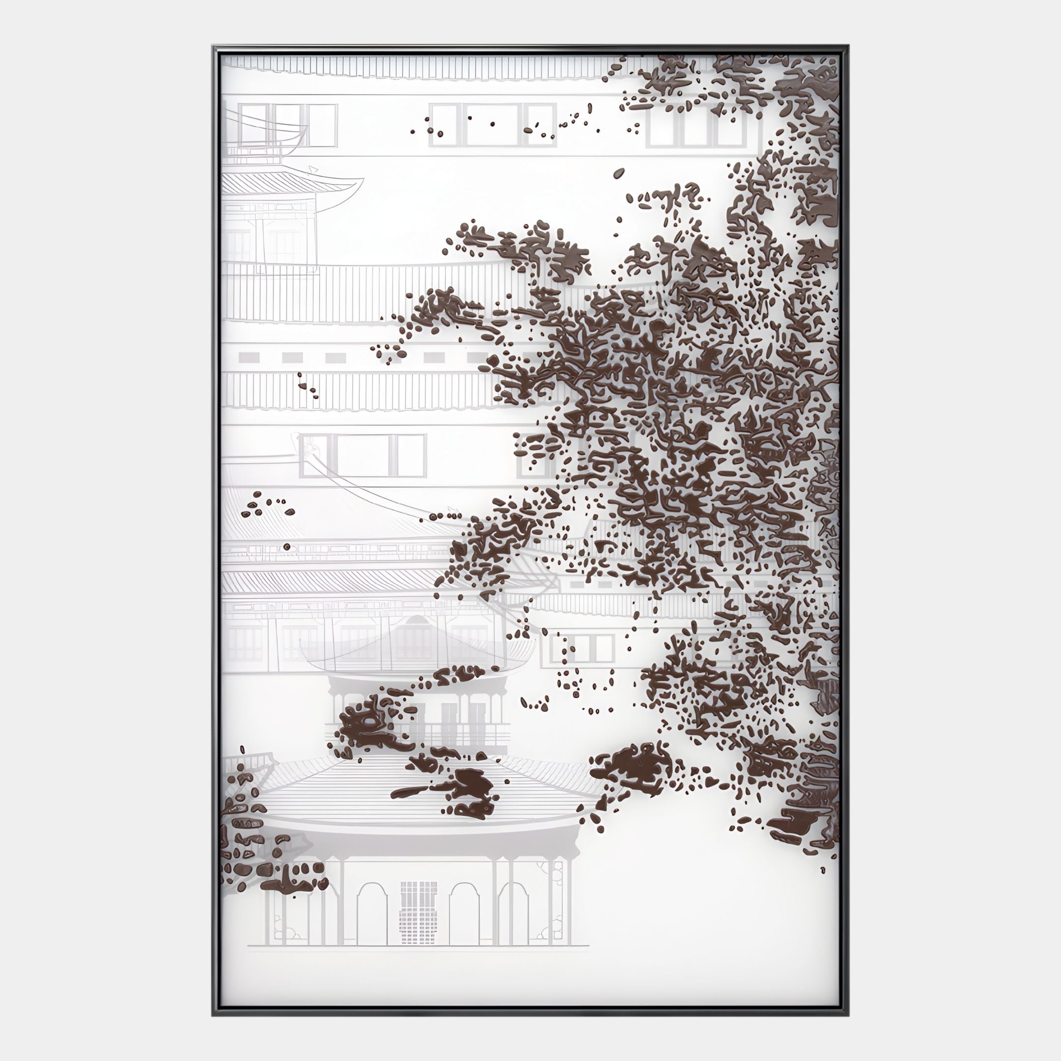 The Kairoshi II Pavilion Architectural Silk Relief 3D Wall Art by Giant Sculptures features a minimalist architectural line drawing, partially veiled by abstract brown leaf-like forms on the right, set against a mostly white background for modern appeal.
