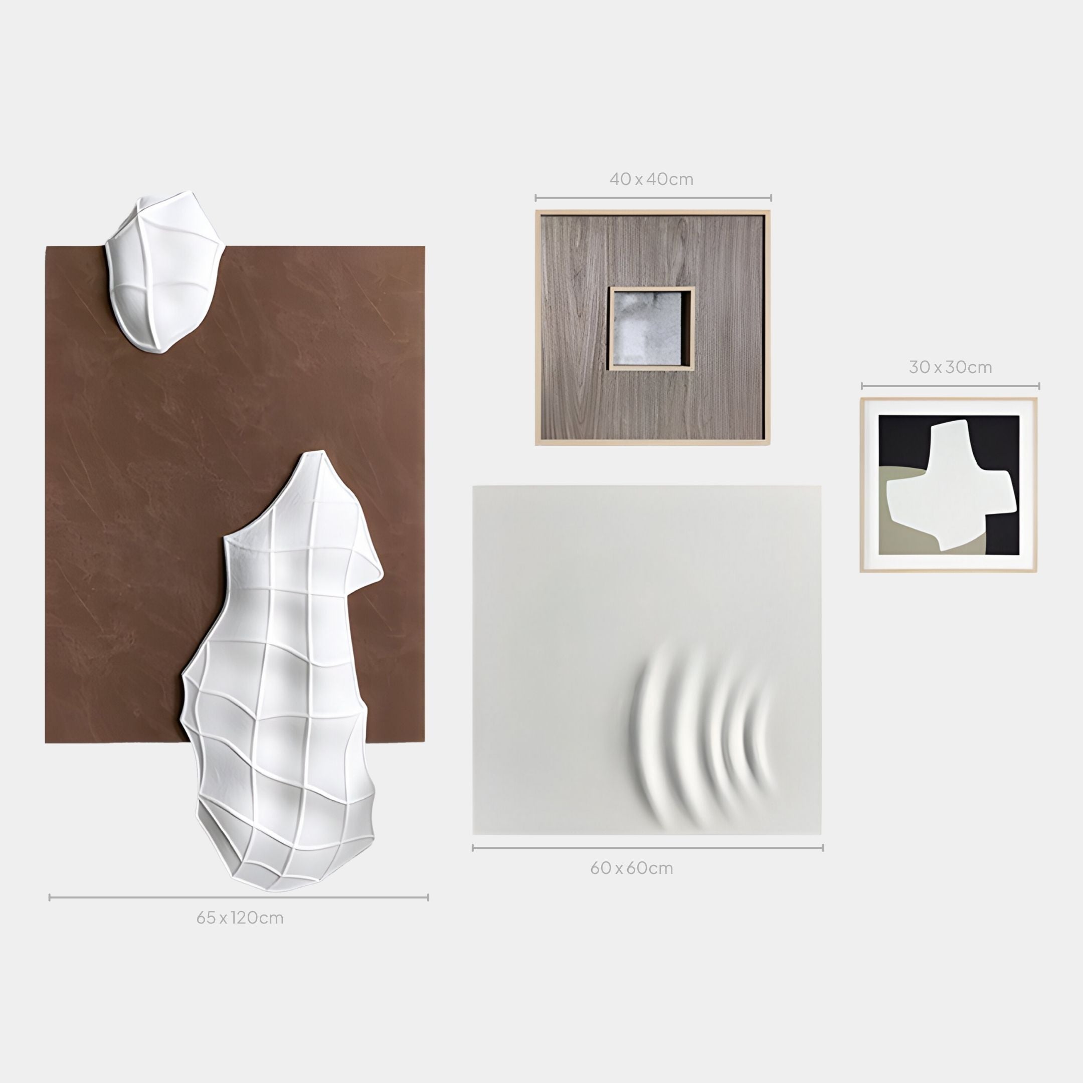 The Mirello 4-Set Neutral Sculptural Textured 3D Wall Art by Giant Sculptures features abstract organic forms in neutral tones, with each piece’s dimensions shown on a light background.