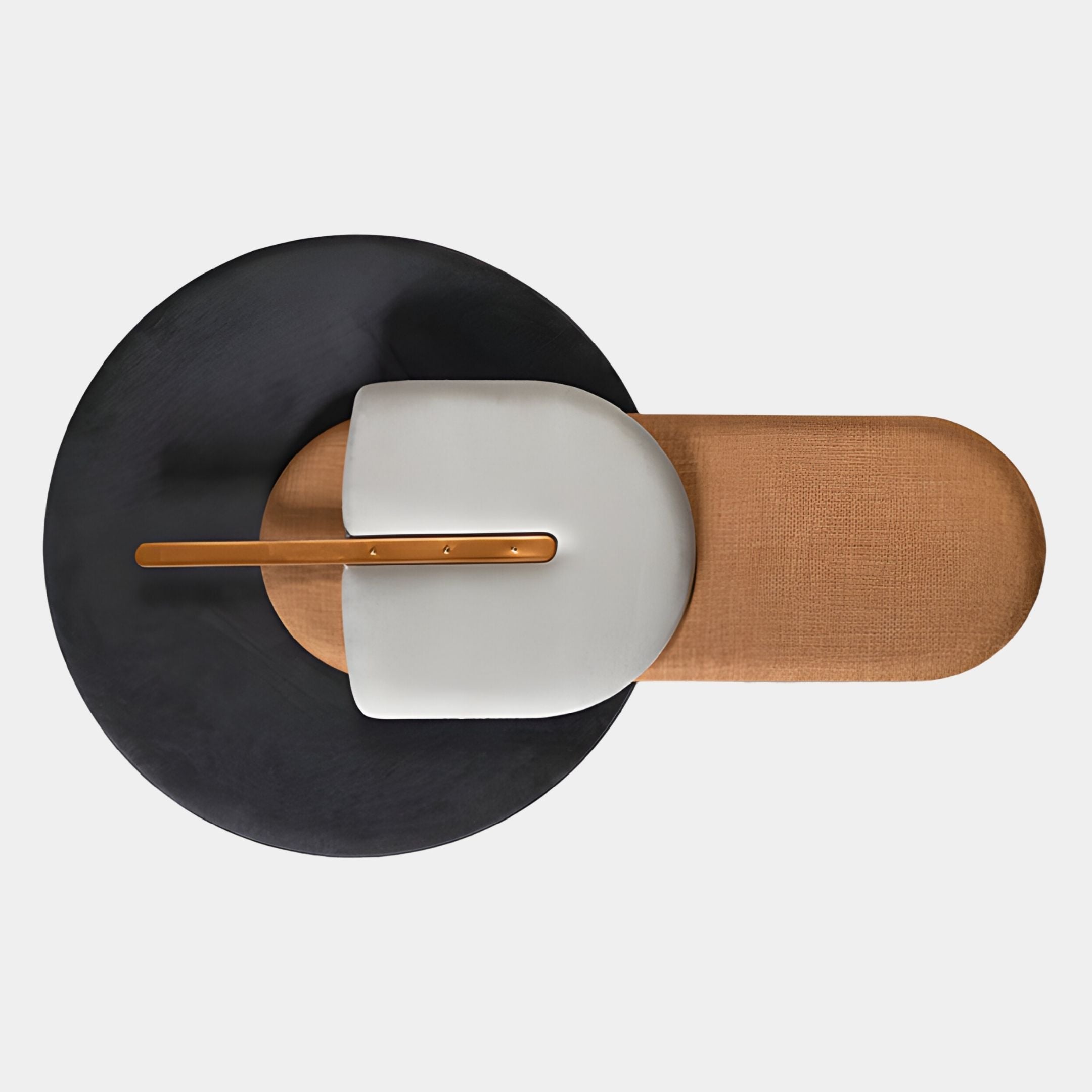 The Solvia Black & Bronze Layered Geometry 3D Wall Art by Giant Sculptures features overlapping shapes—a large black circle, tan oval, curved white piece, and gold rod—for bold modern décor on a white background.