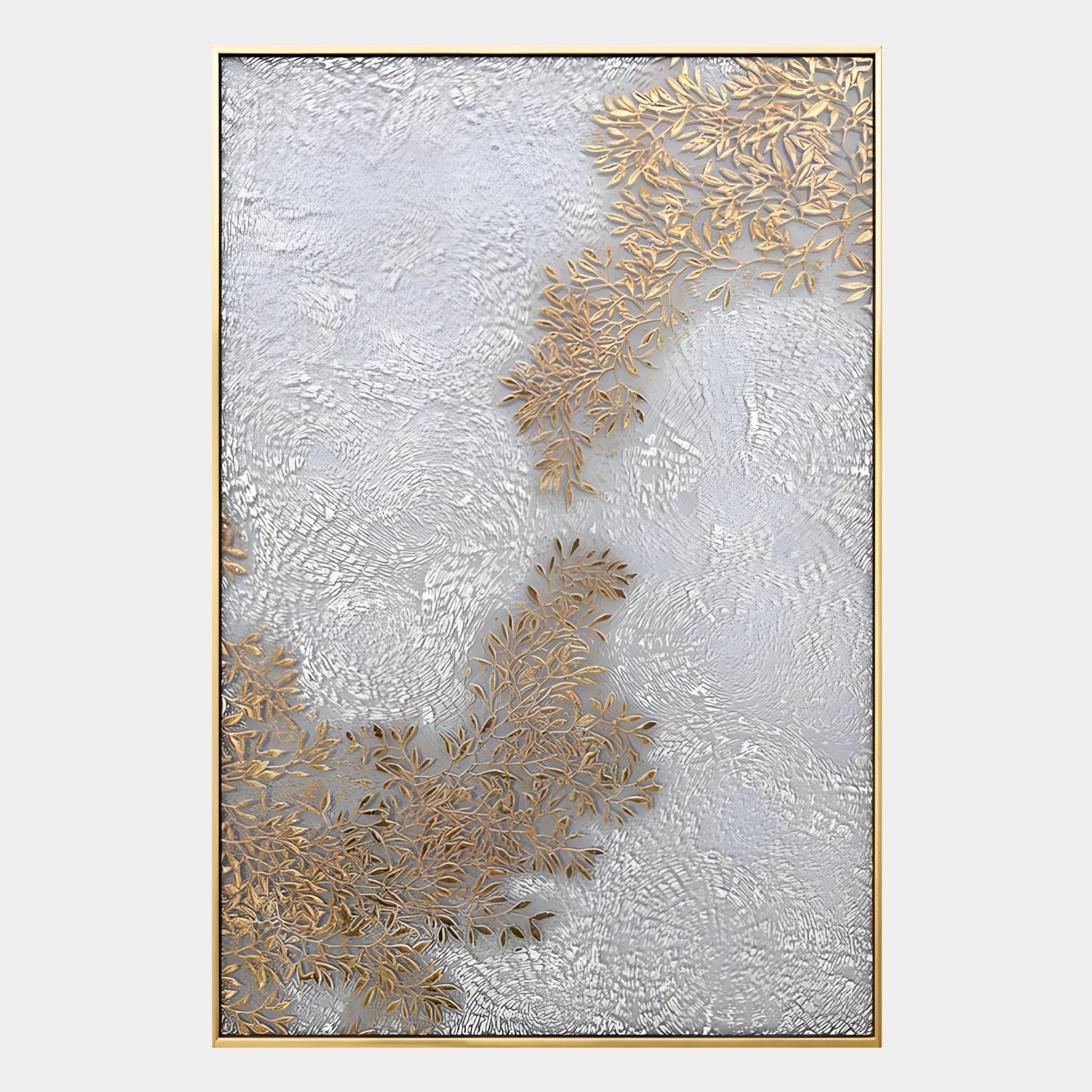 The Lunavine Gold Leaf Textured Silk Relief 3D Wall Art by Giant Sculptures features gold metallic leaves on a white, rippled silk background in a slim gold frame, adding depth and sophistication to any space.