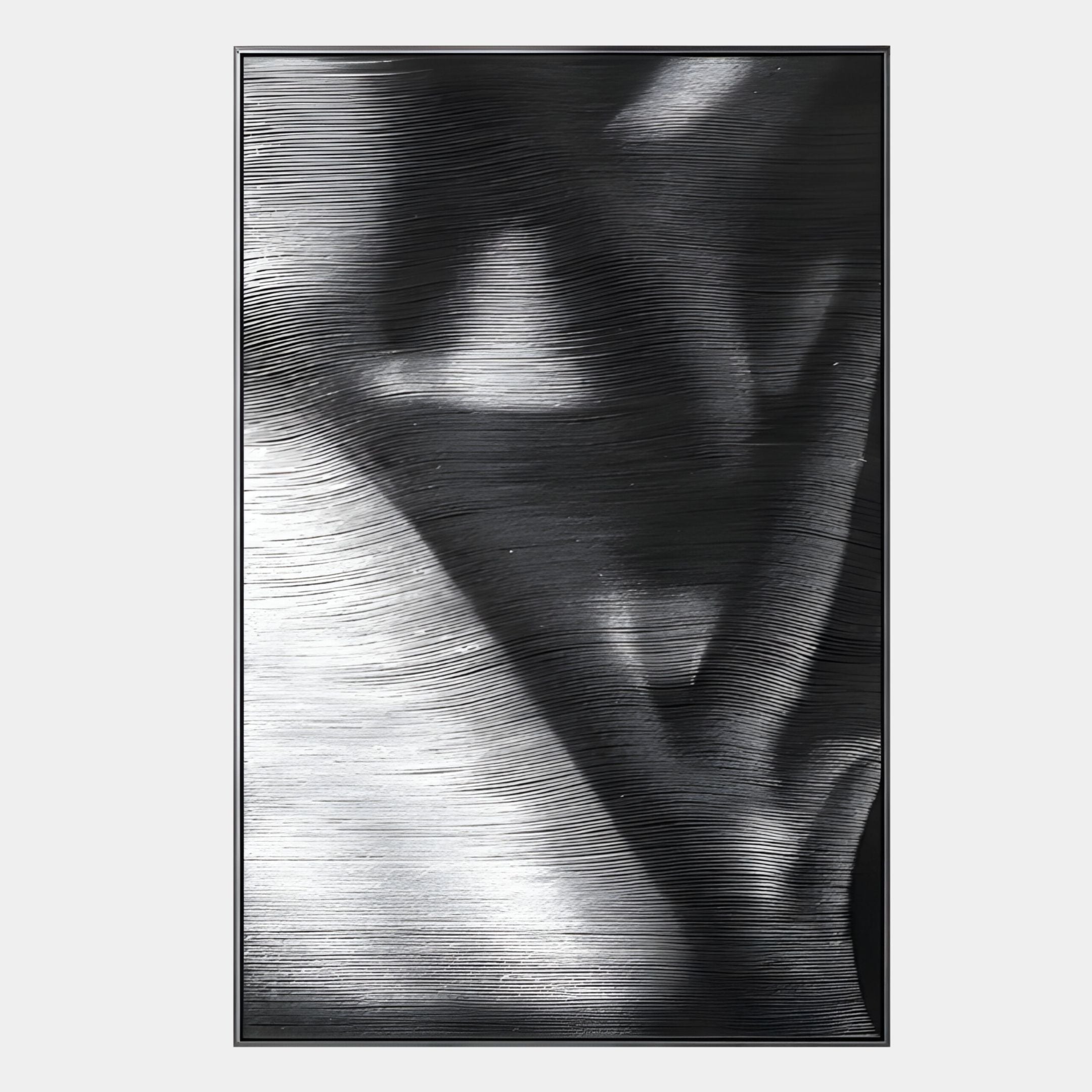 The Rivara Obsidian Flow Hand-Painted Rope 3D Wall Art by Giant Sculptures features textured, horizontal black and white lines with blurred shapes, adding depth and movement—ideal for modern monochrome spaces.
