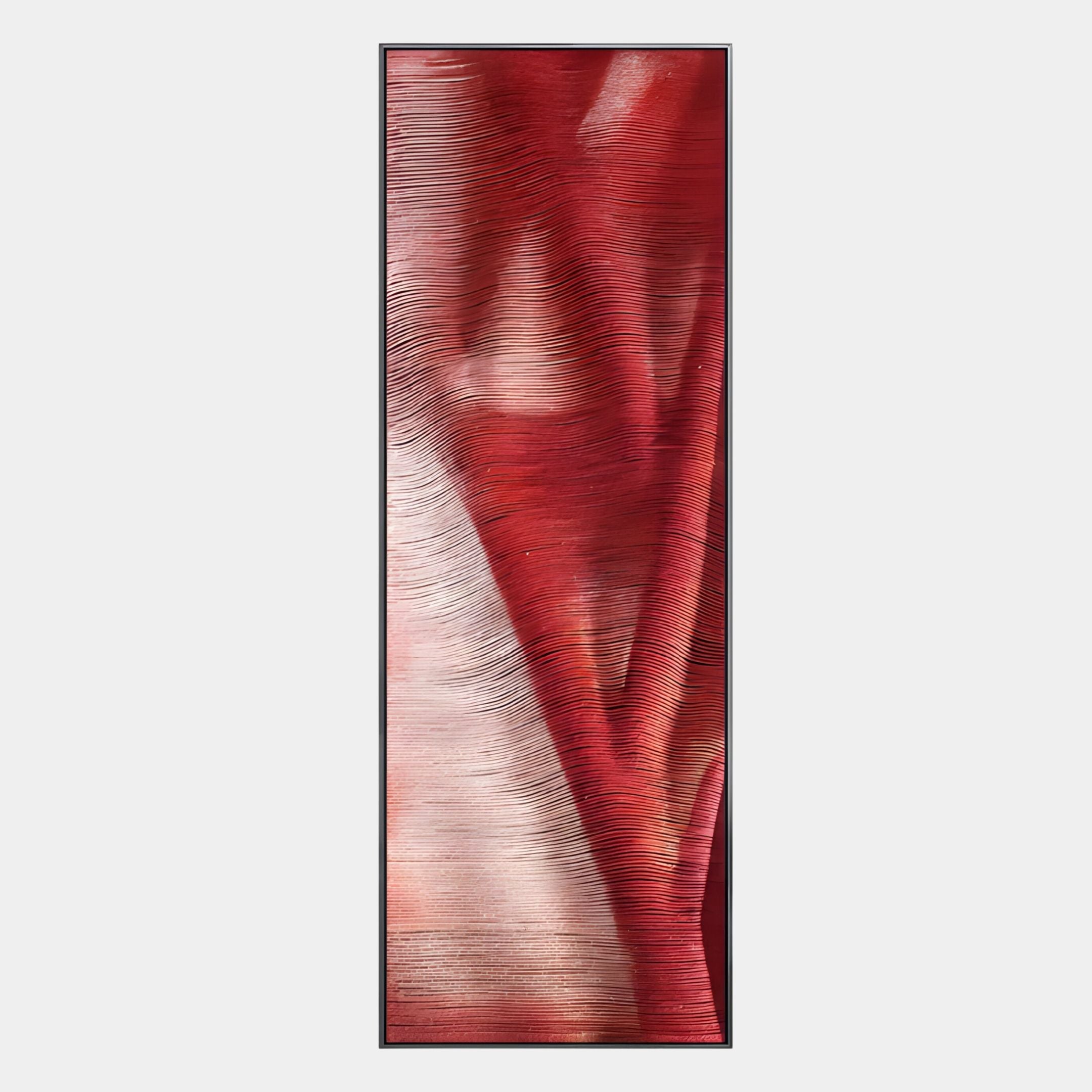The Giant Sculptures Rivara Crimson Wave Vertical Hand-Painted Rope 3D Wall Art showcases textured rope, layered reds, burgundy, and pink in a vertical design, evoking organic forms or flowing fabric with stunning color gradients.