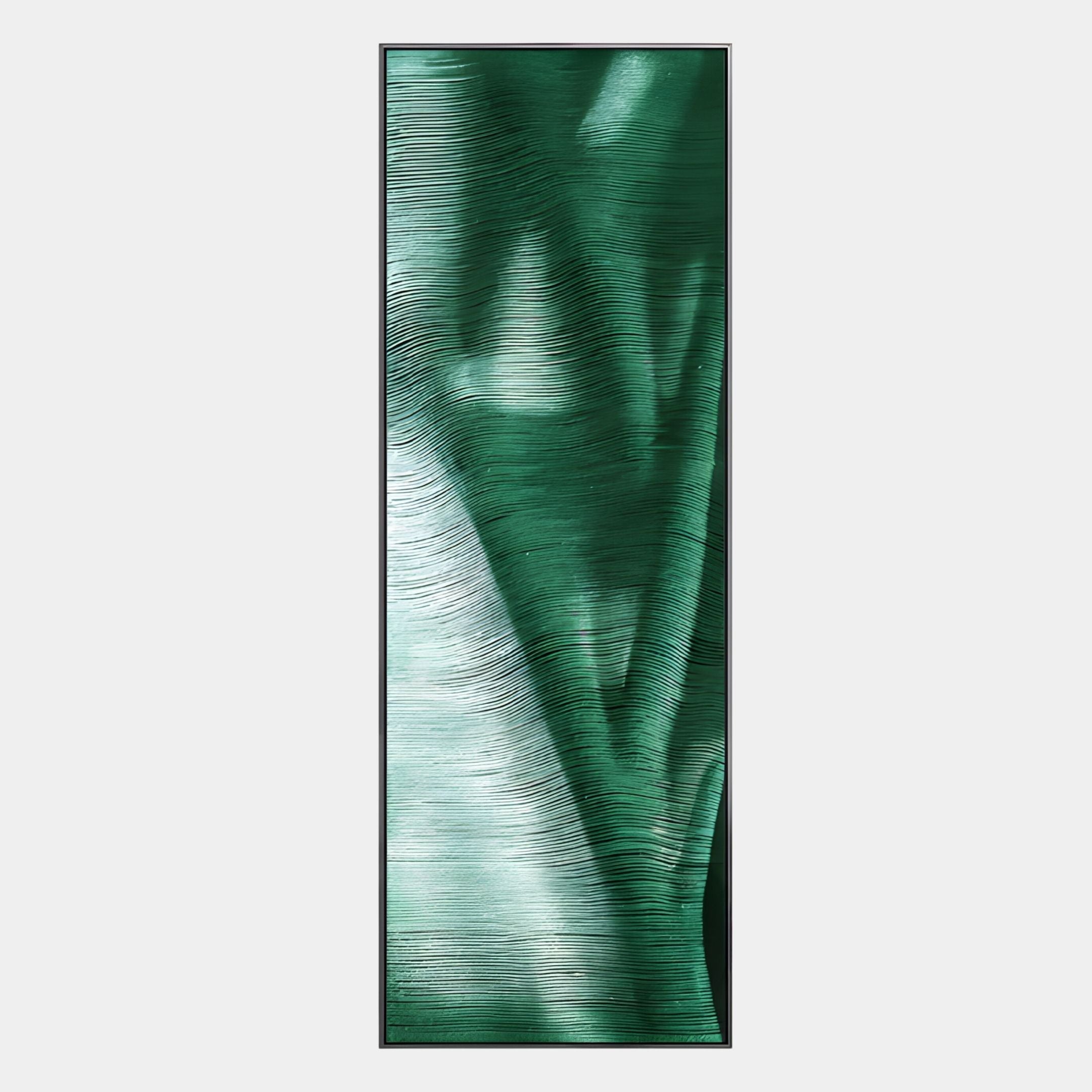 The Rivara Emerald Wave Vertical Hand-Painted Rope 3D Wall Art by Giant Sculptures features abstract green and white textured lines and blurred leaf-like forms, making it a perfect addition to modern interiors.