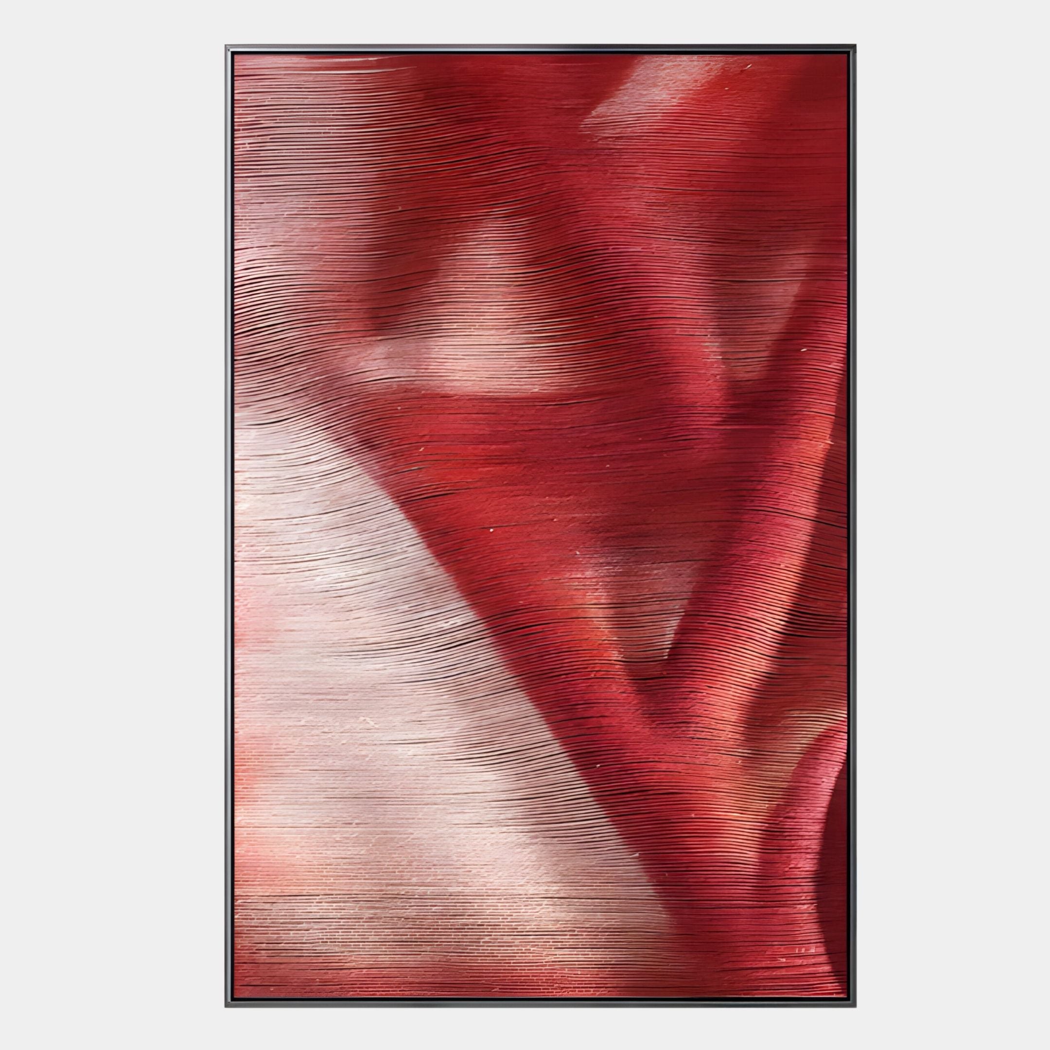 The Rivara Crimson Flow Hand-Painted Rope 3D Wall Art by Giant Sculptures features red and pink textured forms with crimson rope accents over a light background, creating a striking modern, organic effect.