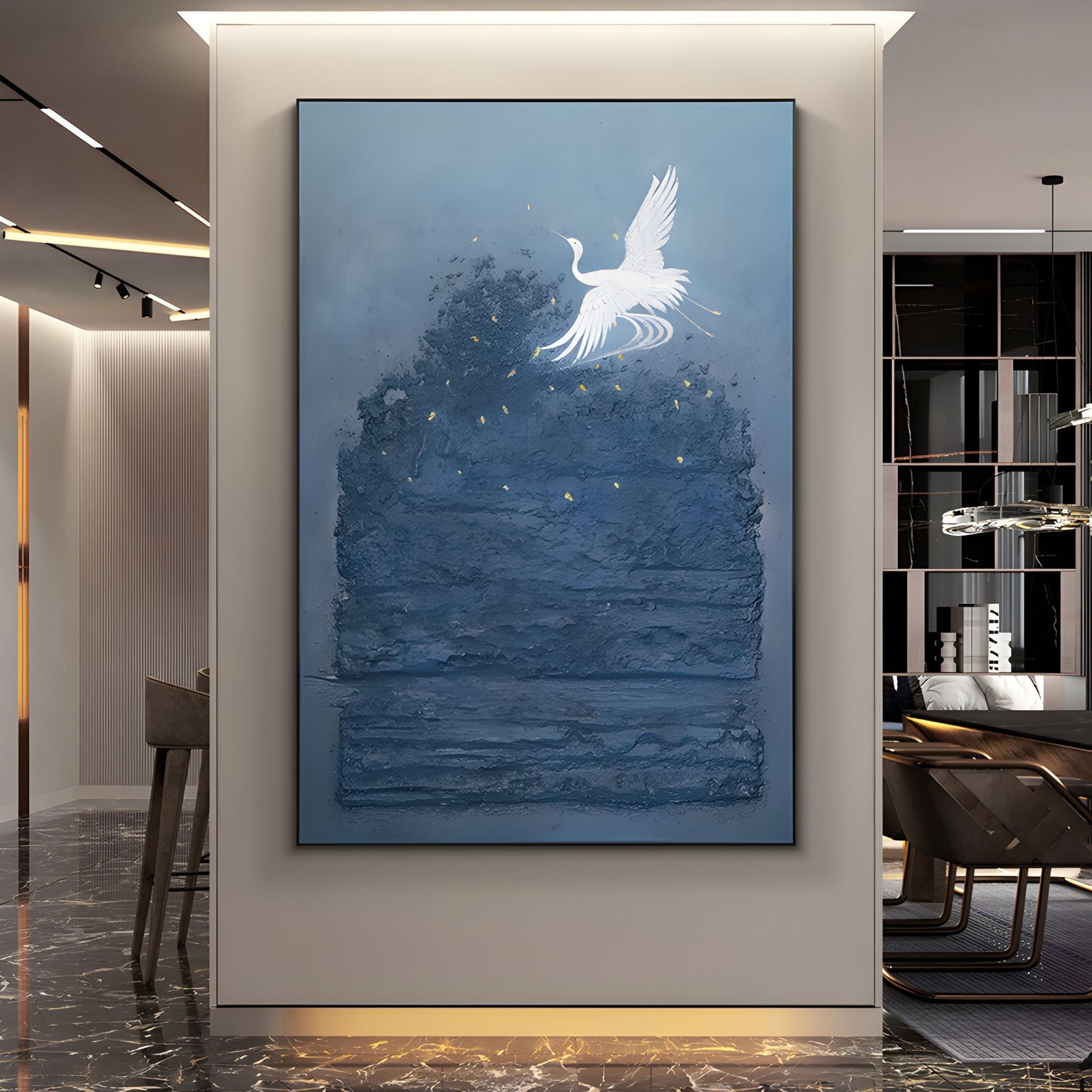 The Aeralune Blue Crane Textured Oil Painting 3D Wall Art by Giant Sculptures features a large, framed blue crane above textured blue layers and yellow dots, creating a stunning focal point for modern spaces with marble flooring and elegant decor.
