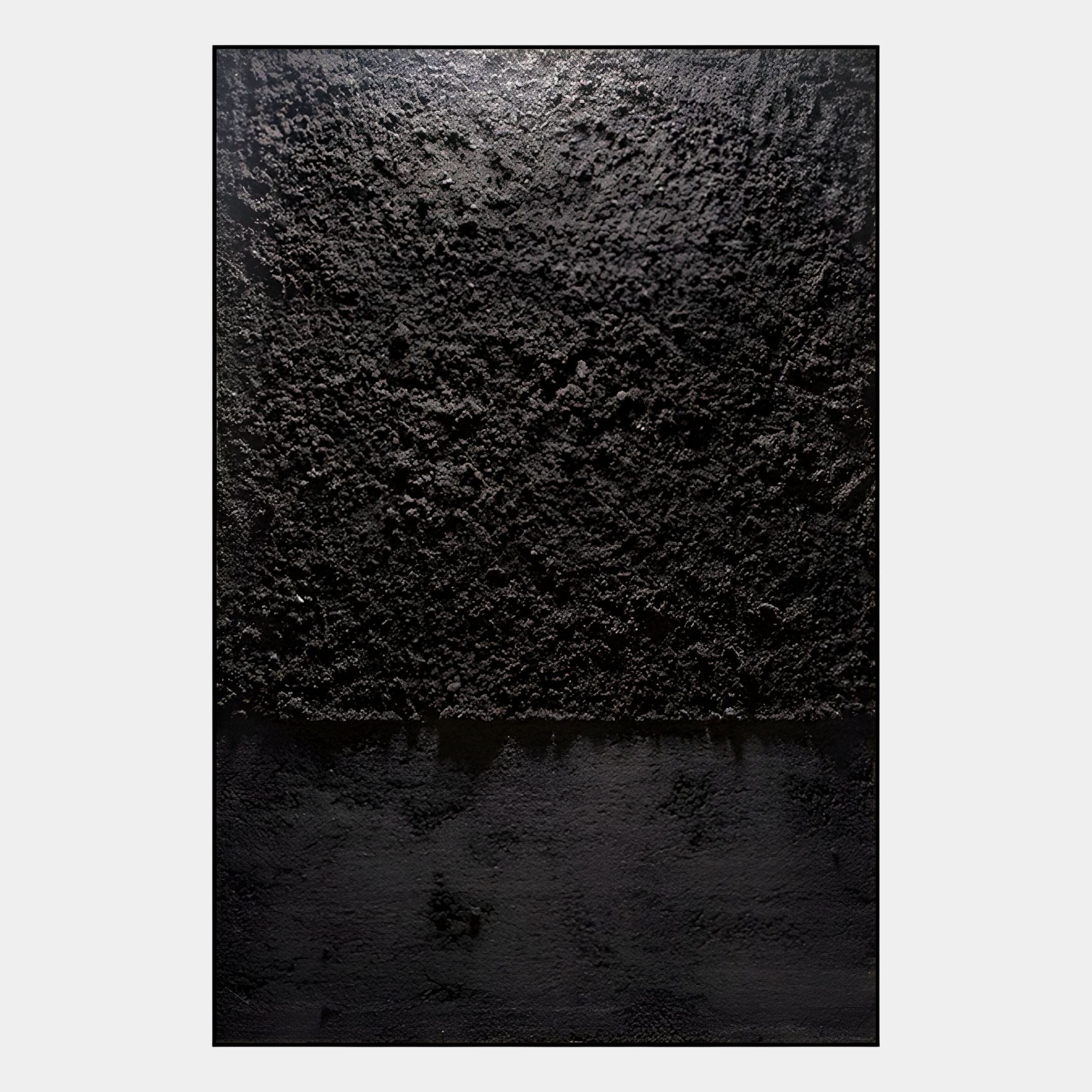 The Aeralune Midnight Black Textured Oil Painting 3D Wall Art by Giant Sculptures features rough, matte black on top and smooth, glossy black below—a striking modern decor piece with contrasting textures.