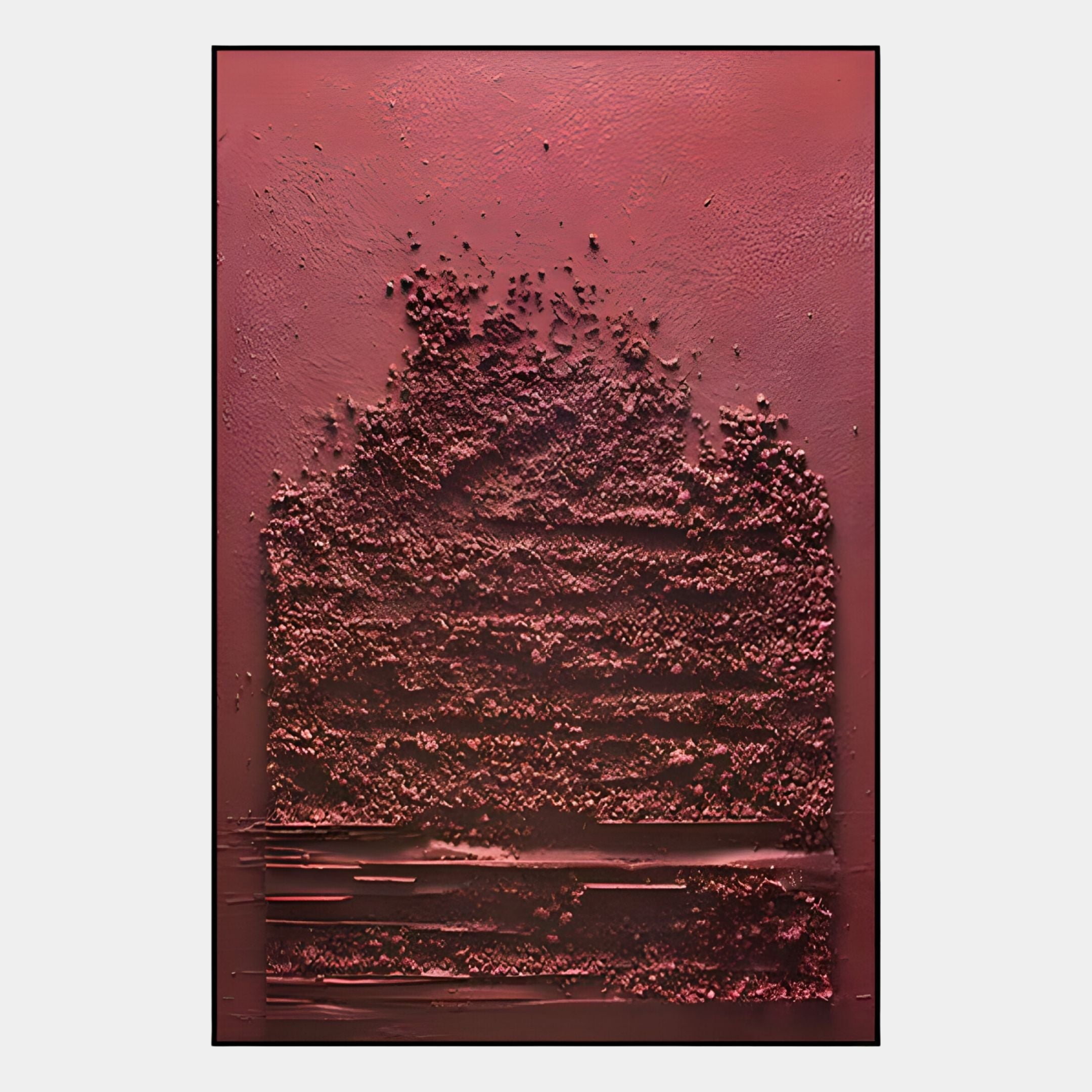 The Aeralune Crimson Textured Oil Painting 3D Wall Art by Giant Sculptures showcases deep red and maroon hues with raised, abstract patterns forming a central mound—ideal for striking, modern wall decor.