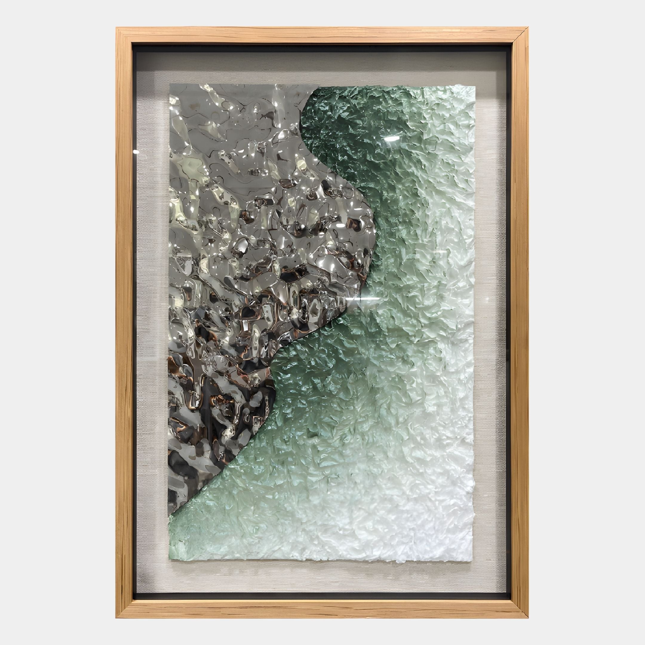 The Aurivell I Silver & Green Textured Metal 3D Wall Art by Giant Sculptures is a framed abstract piece featuring wavy silver, grayish-silver, and pale green details—perfect for modern interiors.