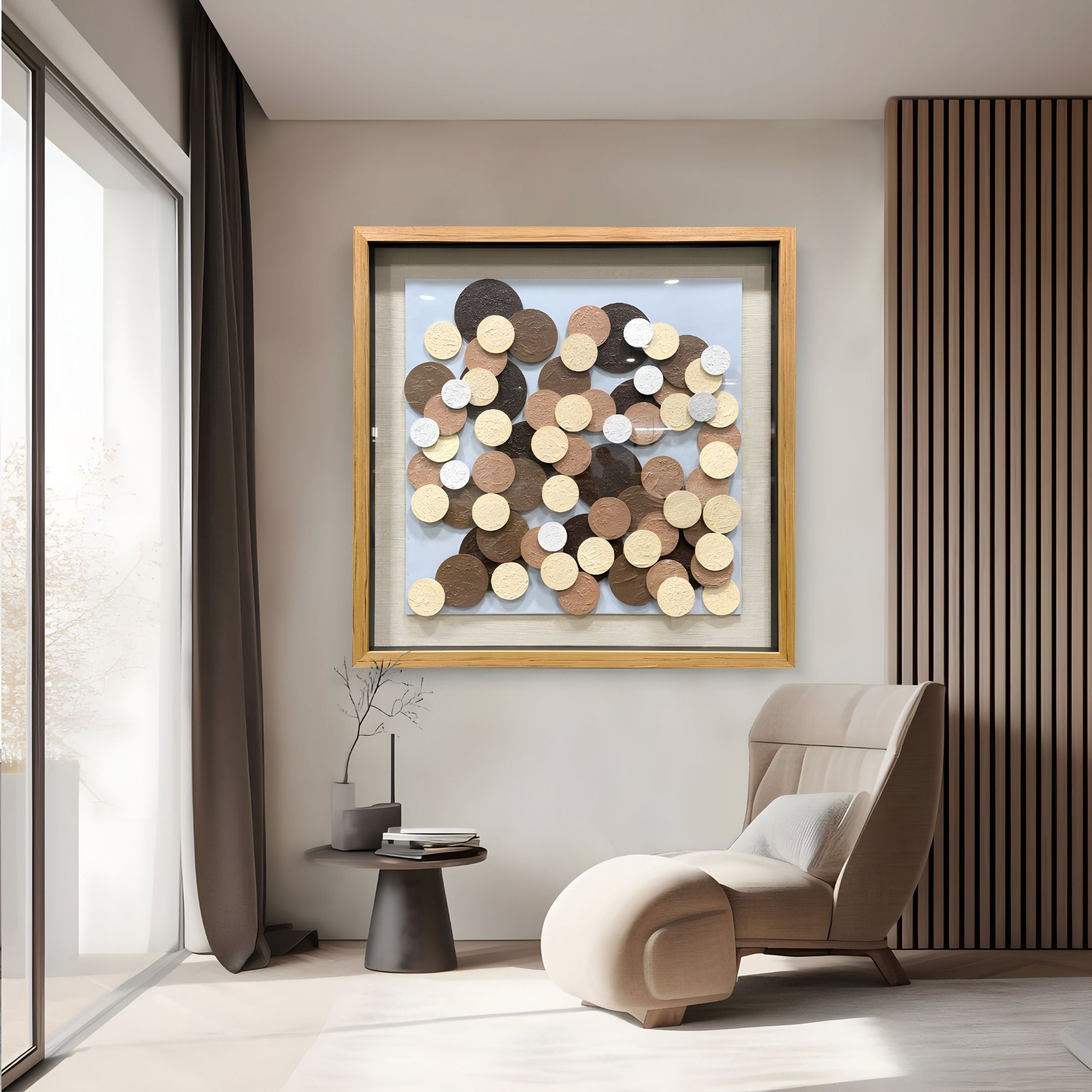 A modern living room with a beige lounge chair, small black side table, and the Circona Neutral Tone Layered Disc Wood 3D Wall Art by Giant Sculptures featuring neutral circular shapes in gold frames. Sunlight pours through large glass doors.