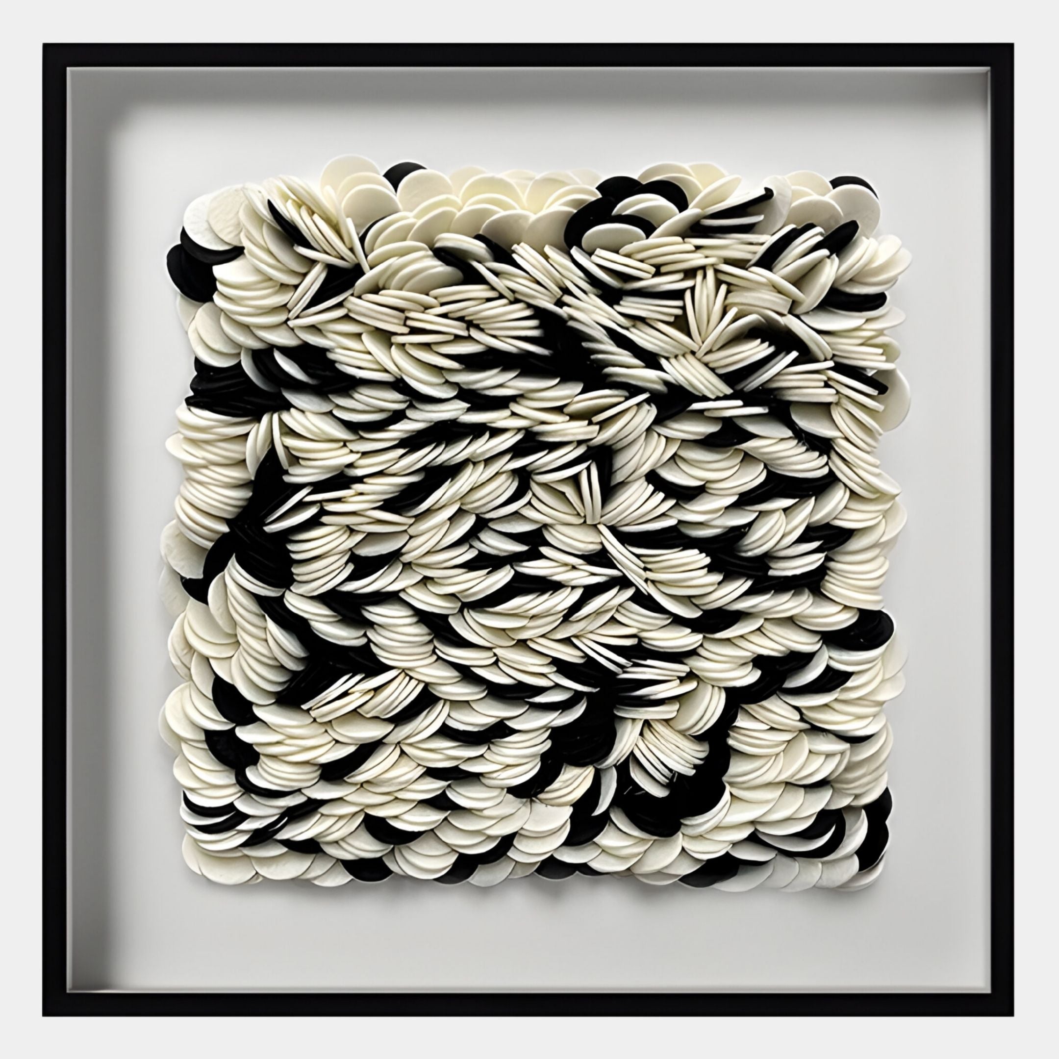 The Petalus Black & Cream Layered Felt 3D Wall Art by Giant Sculptures features dense, wavy black and cream discs in a square frame, creating a textured abstract piece that's perfect for modern wall decor.