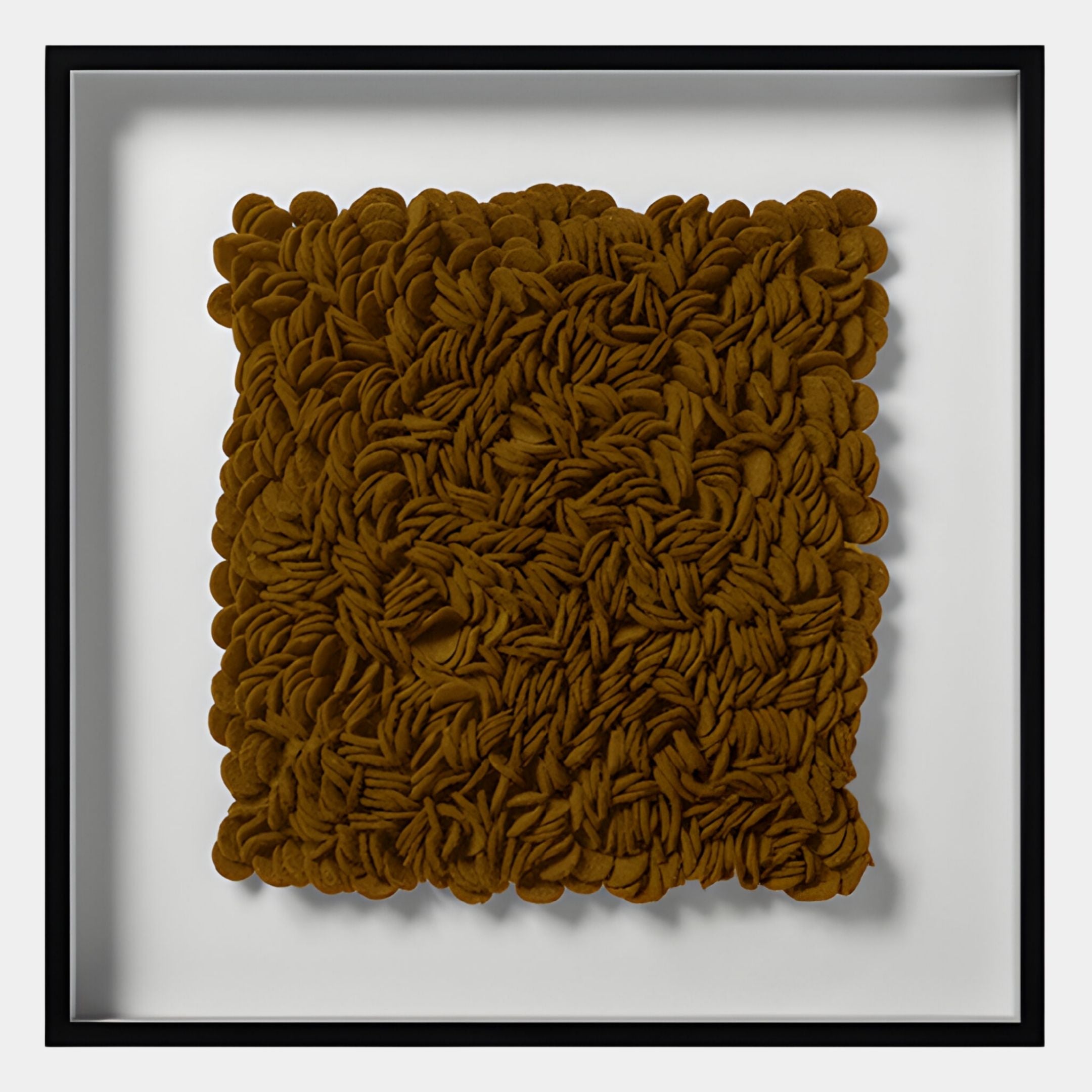 The Giant Sculptures Petalus Brown Ochre Layered Felt 3D Wall Art features textured, leaf-like forms arranged in a square shadow box frame, creating dense, organic wall art on a crisp white background.