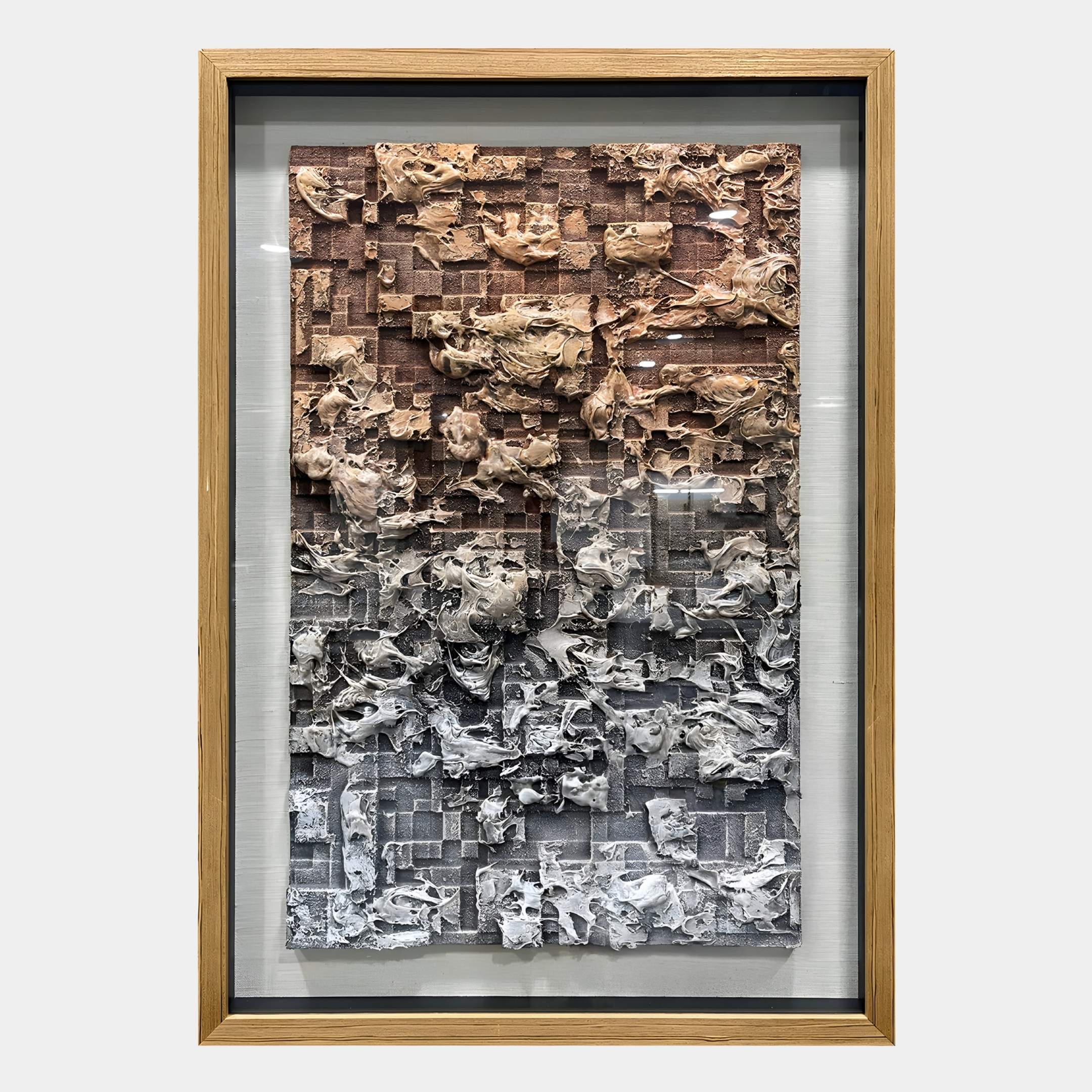The Terracend Beige & Grey Textured Wood Framed 3D Wall Art by Giant Sculptures features layered, abstract patterns in brown and gray tones, creating a gradient effect—perfect as contemporary wall decor.