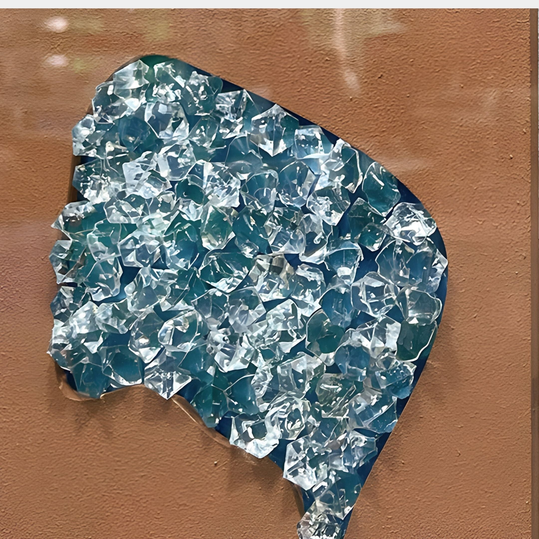 A close-up of the Agliera Aqua Crystal Shard Grid Framed 3D Wall Art by Giant Sculptures, showcasing blue and clear glass shards in a triangular design on a light brown textured background.