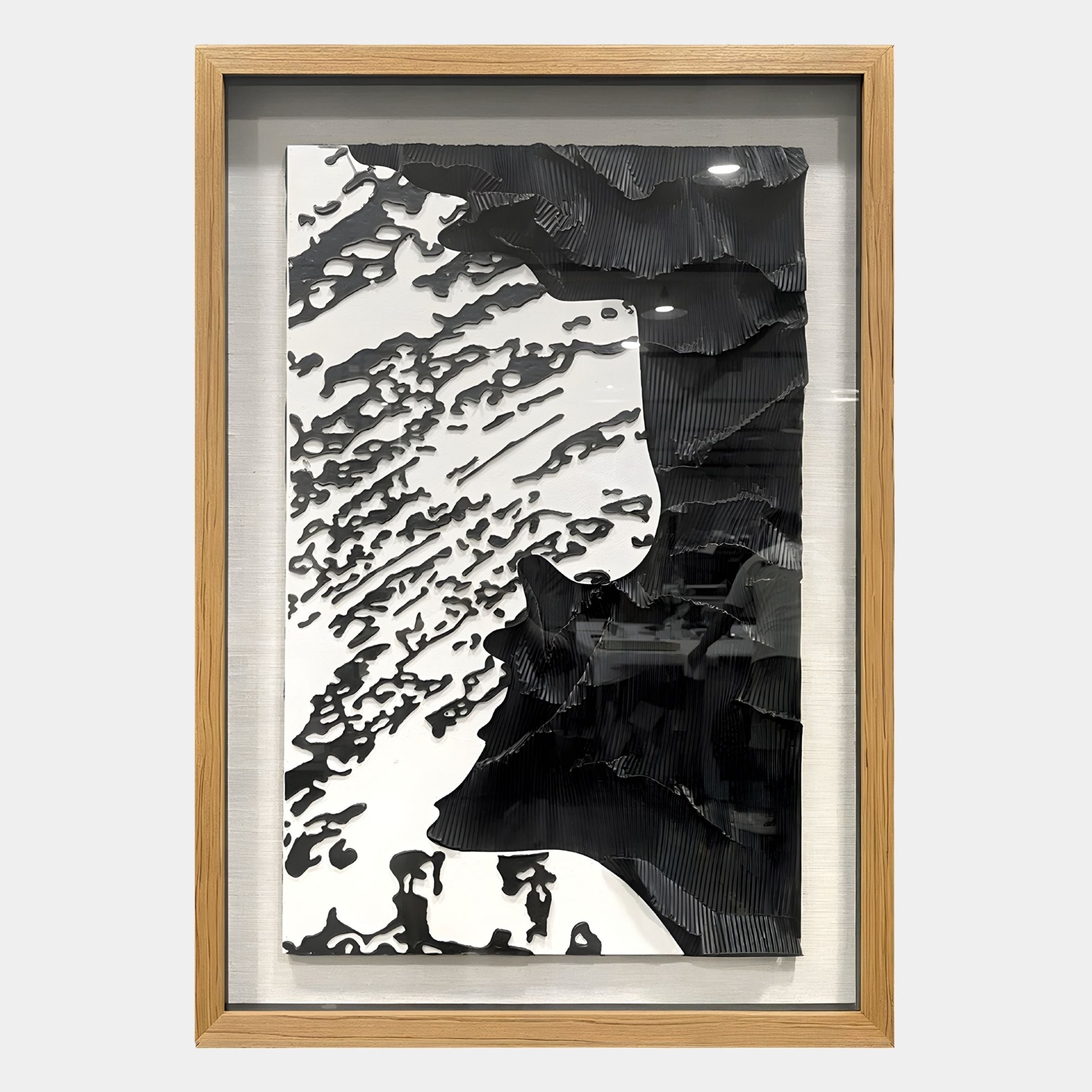 The Vanterra II Black & White Flow Framed 3D Wall Art by Giant Sculptures features layered, wave-like forms and a sculptural texture. Its modern black-and-white design casts organic shadows, making it perfect for contemporary spaces.