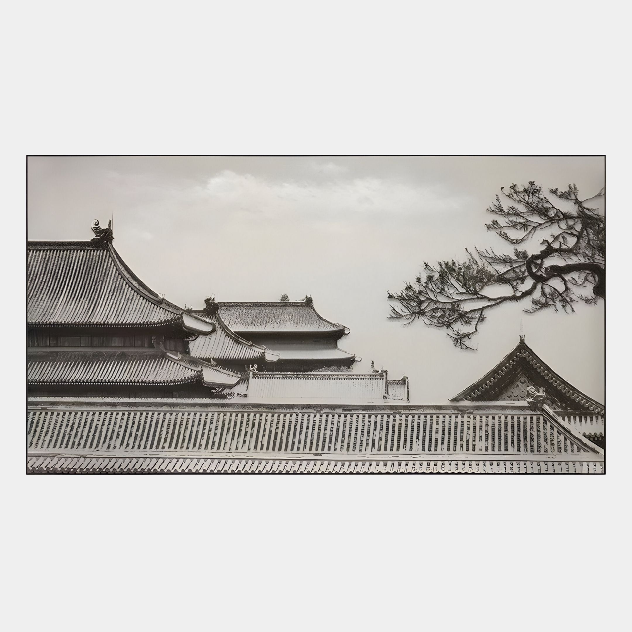 Capture the elegance of East Asian architecture with Giant Sculptures’ Archion Temple Roofline Nail Painting 3D Wall Art, featuring snowy temple rooftops, ornate eaves, and a leafless branch stretching above under a cloudy sky.