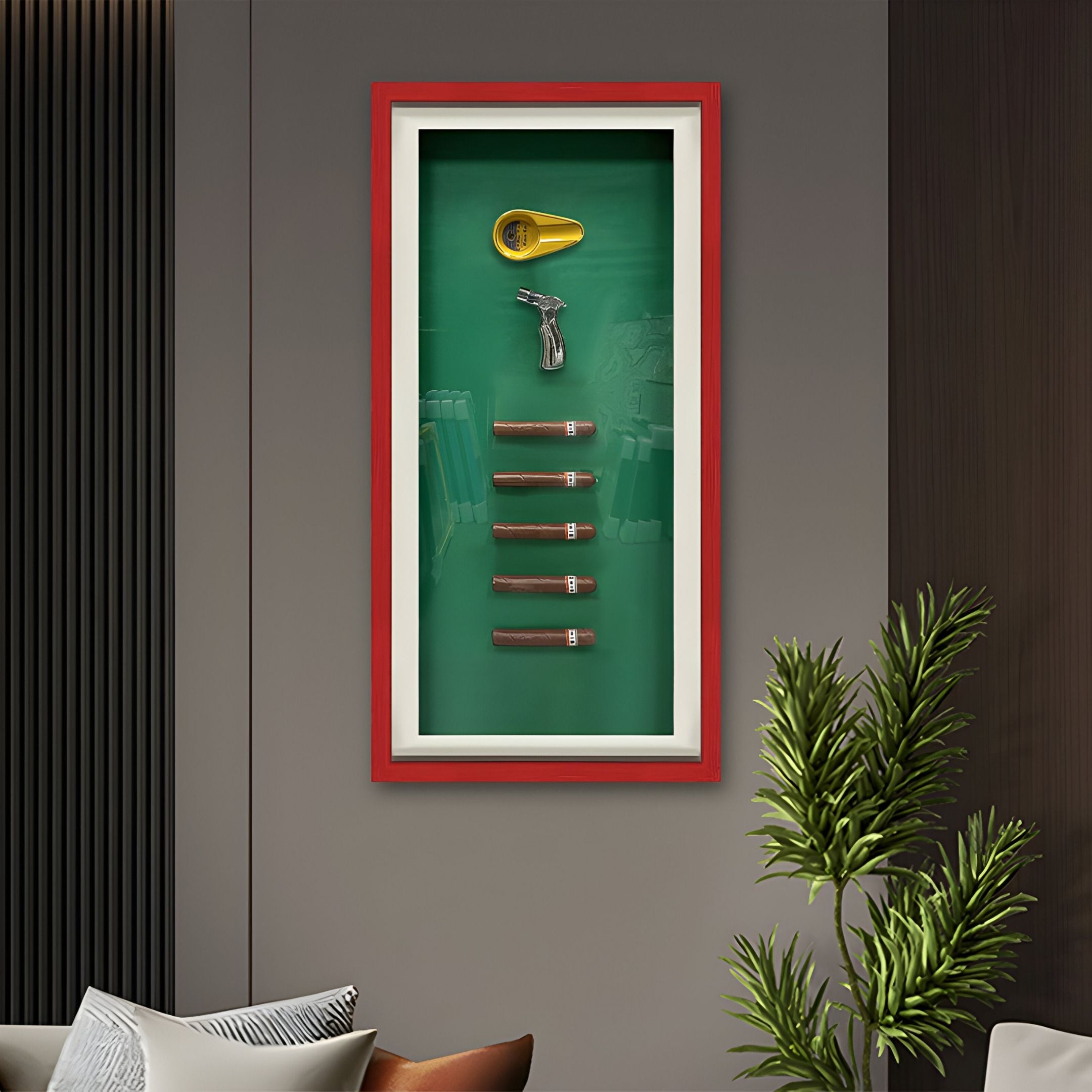 The Cavendor Cigar & Torch Green Framed Wall Art by Giant Sculptures showcases a yellow cutter, silver revolver-shaped lighter, and five cigars, creating bold cigar décor for modern walls.