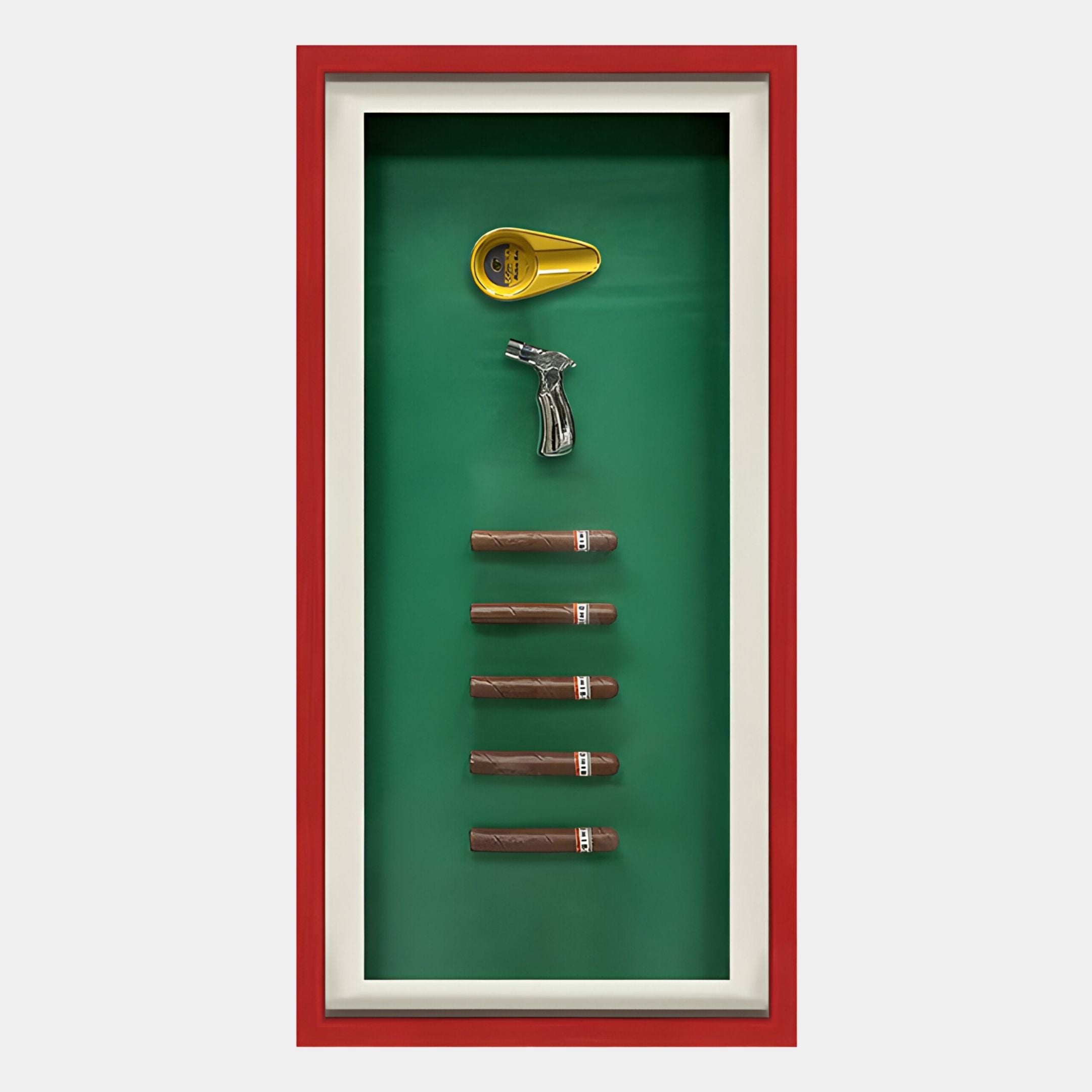 The Cavendor Cigar & Torch Green Framed Wall Art by Giant Sculptures features a cigar cutter, revolver-shaped lighter, and five cigars on a green background—ideal collector decor for your home.