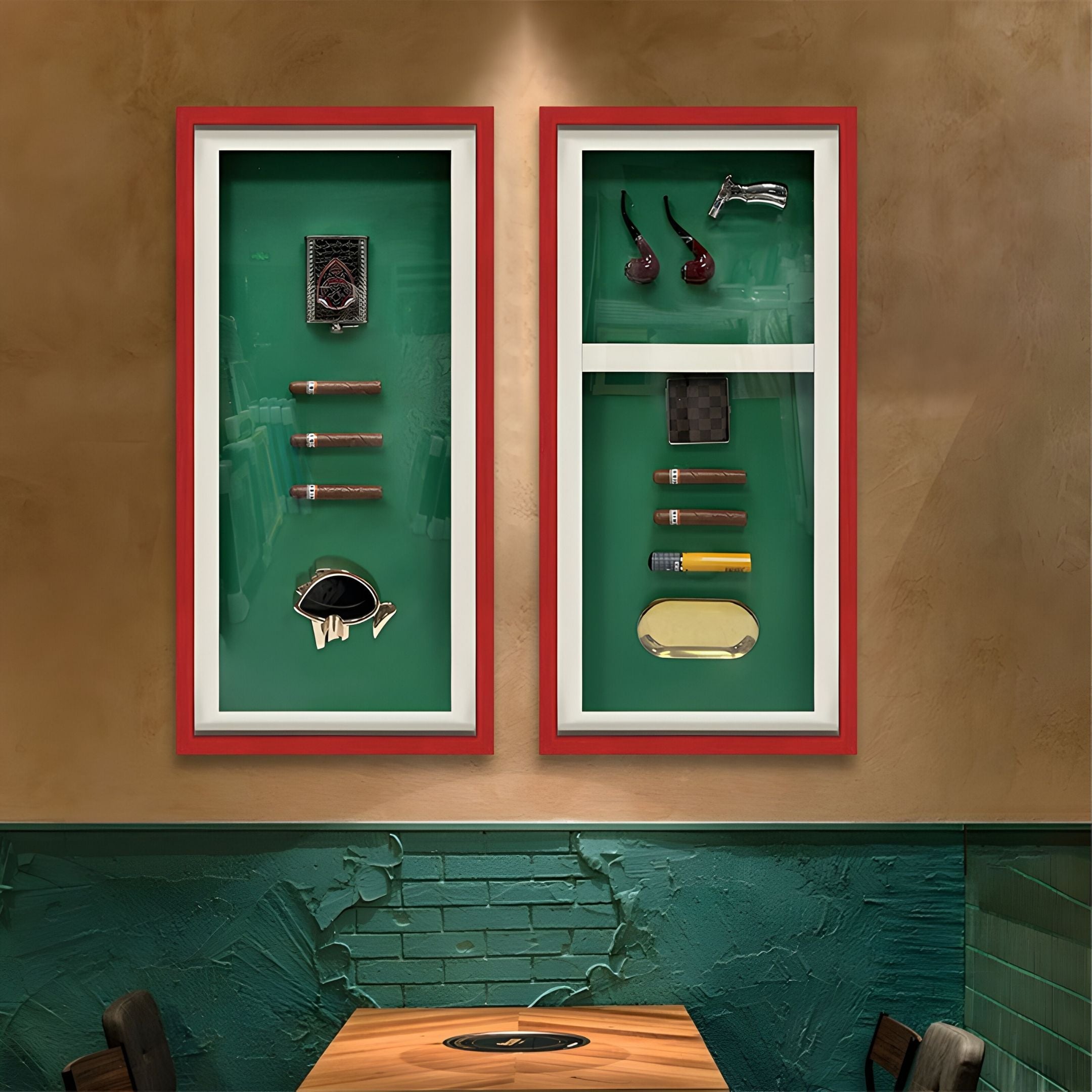 The Cavendor Pipe, Torch & Cigar Green Framed Wall Art by Giant Sculptures showcases vintage pipes, cigars, and accessories as striking wall decor, while a wooden table with chairs beneath completes the refined gentleman’s setting.