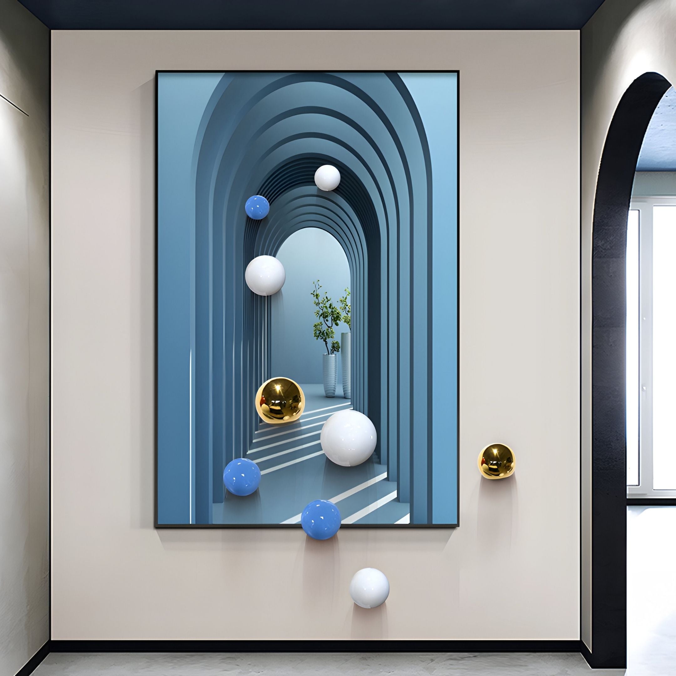 The Vaultis Blue Archway 3D Wall Art With Metal Balls by Giant Sculptures features floating blue, white, and gold spheres, with one gold and two white metal balls extending from the artwork into the room on a beige wall.