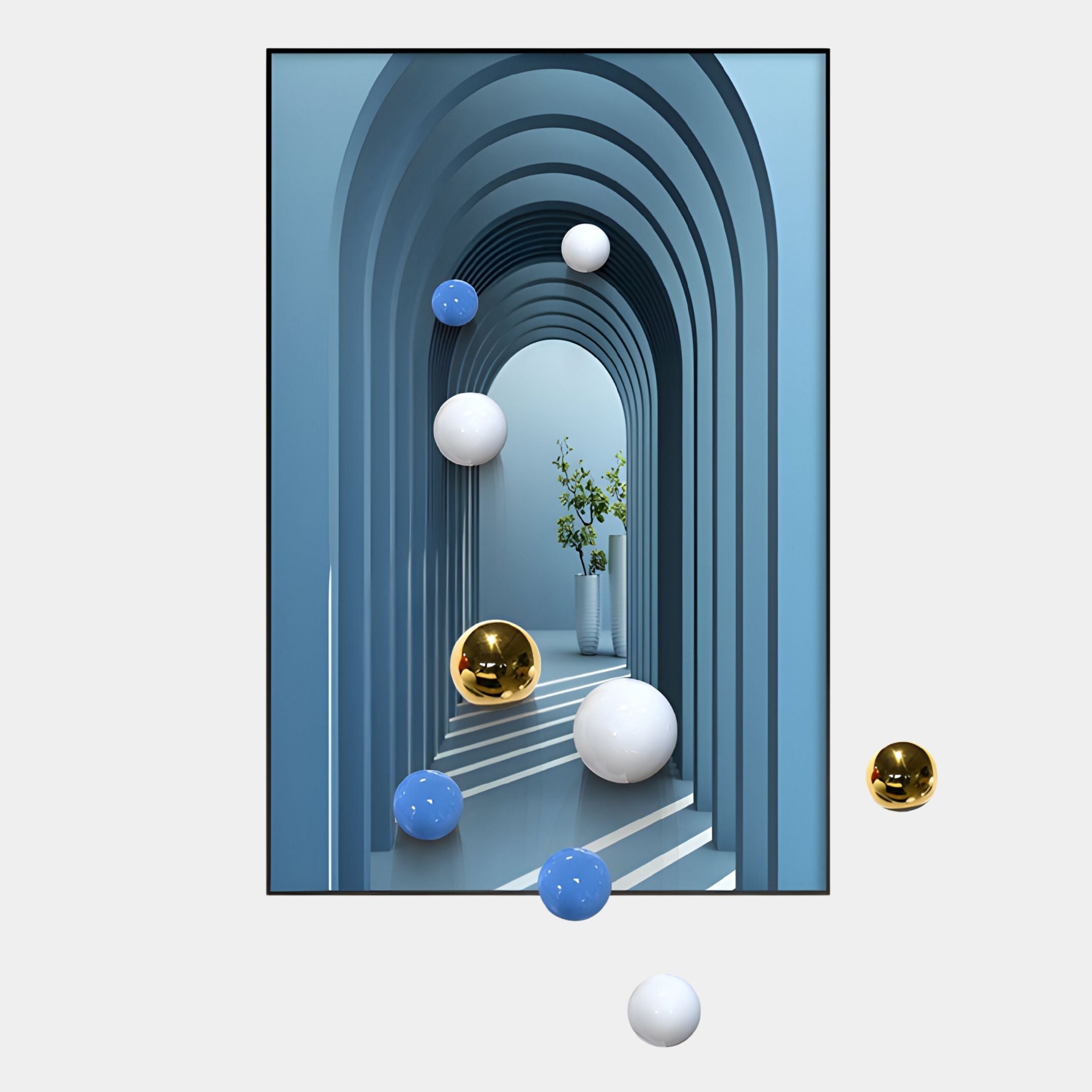 The Vaultis Blue Archway 3D Wall Art With Metal Balls by Giant Sculptures features a surreal blue archway, white and gold vases with green branches, and floating blue, white, and gold metal balls.