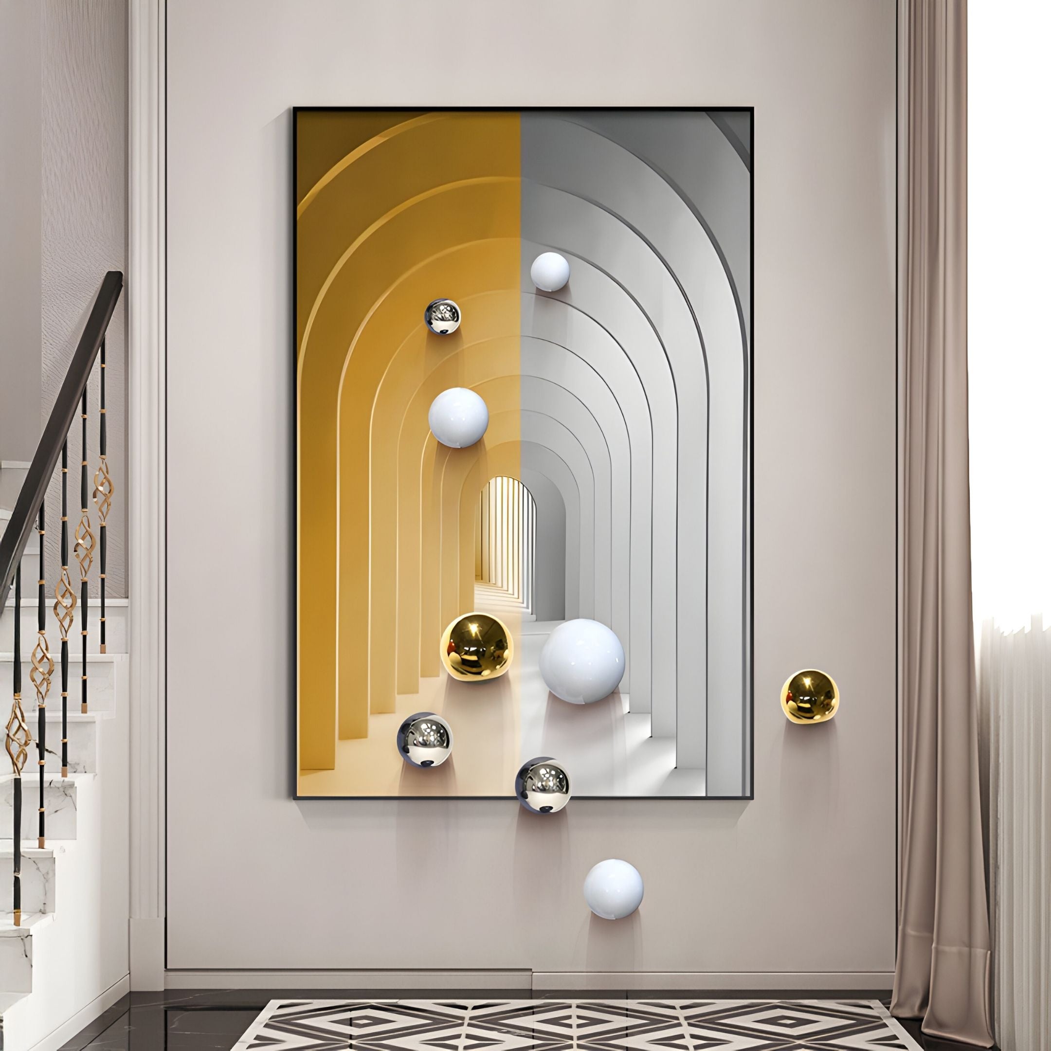 The Vaultis Gold & Silver Archway 3D Wall Art With Metal Balls by Giant Sculptures features gold and gray arches with floating white, gold, and silver metal balls, creating a tunnel effect. A nearby staircase and window are partially visible.