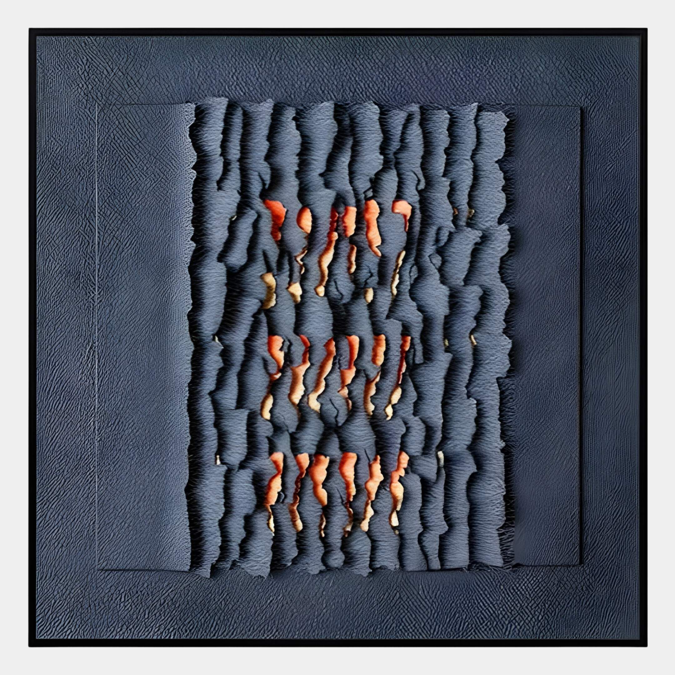 The Rivura Navy Layered Sandstone Texture 3D Wall Art by Giant Sculptures features vertical wavy navy strips with torn edges, revealing orange and beige layers for a bold, textured look perfect for modern abstract decor.