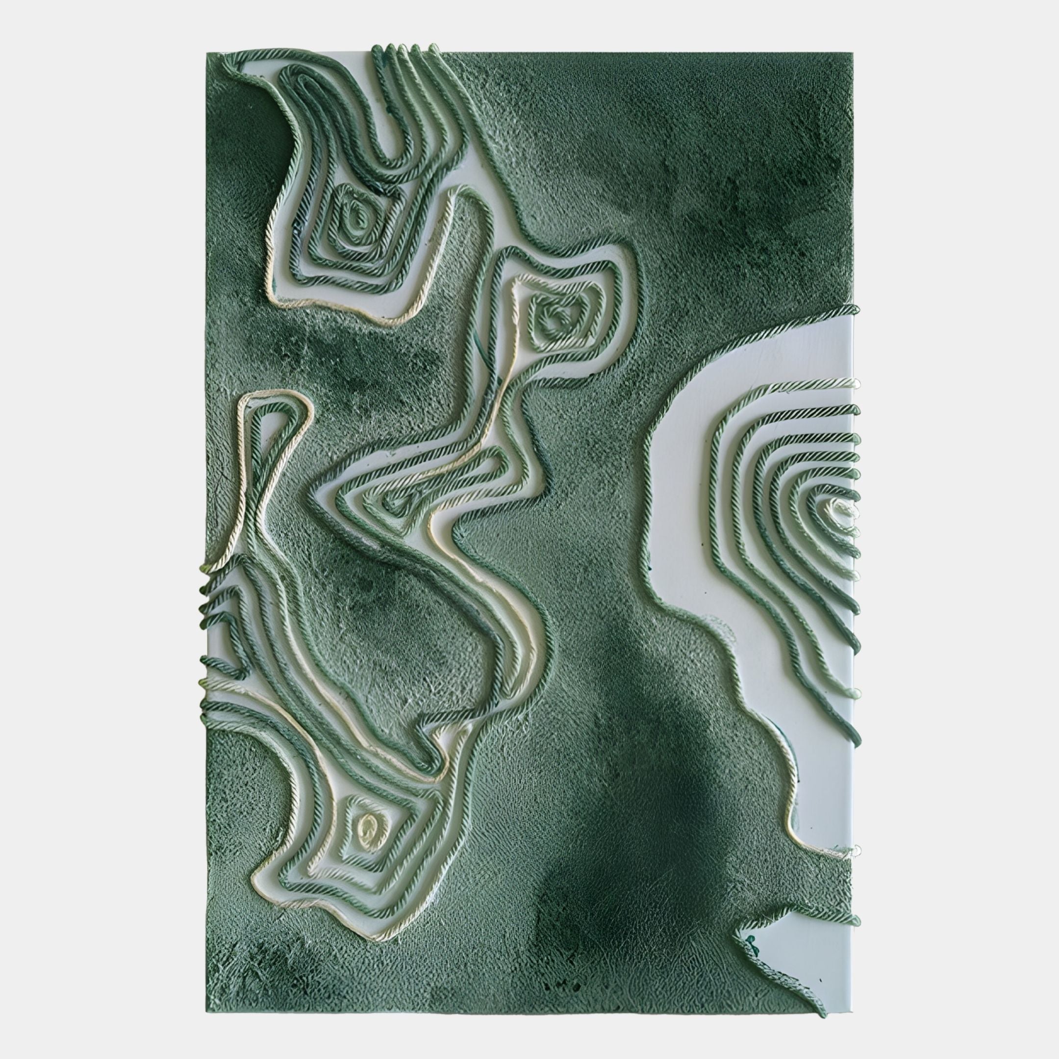 Terracore Green Contour Relief Abstract 3D Wall Art by Giant Sculptures features raised, curving green and white lines with shaded textures, evoking landscape elevation changes for striking sculptural wall decor.