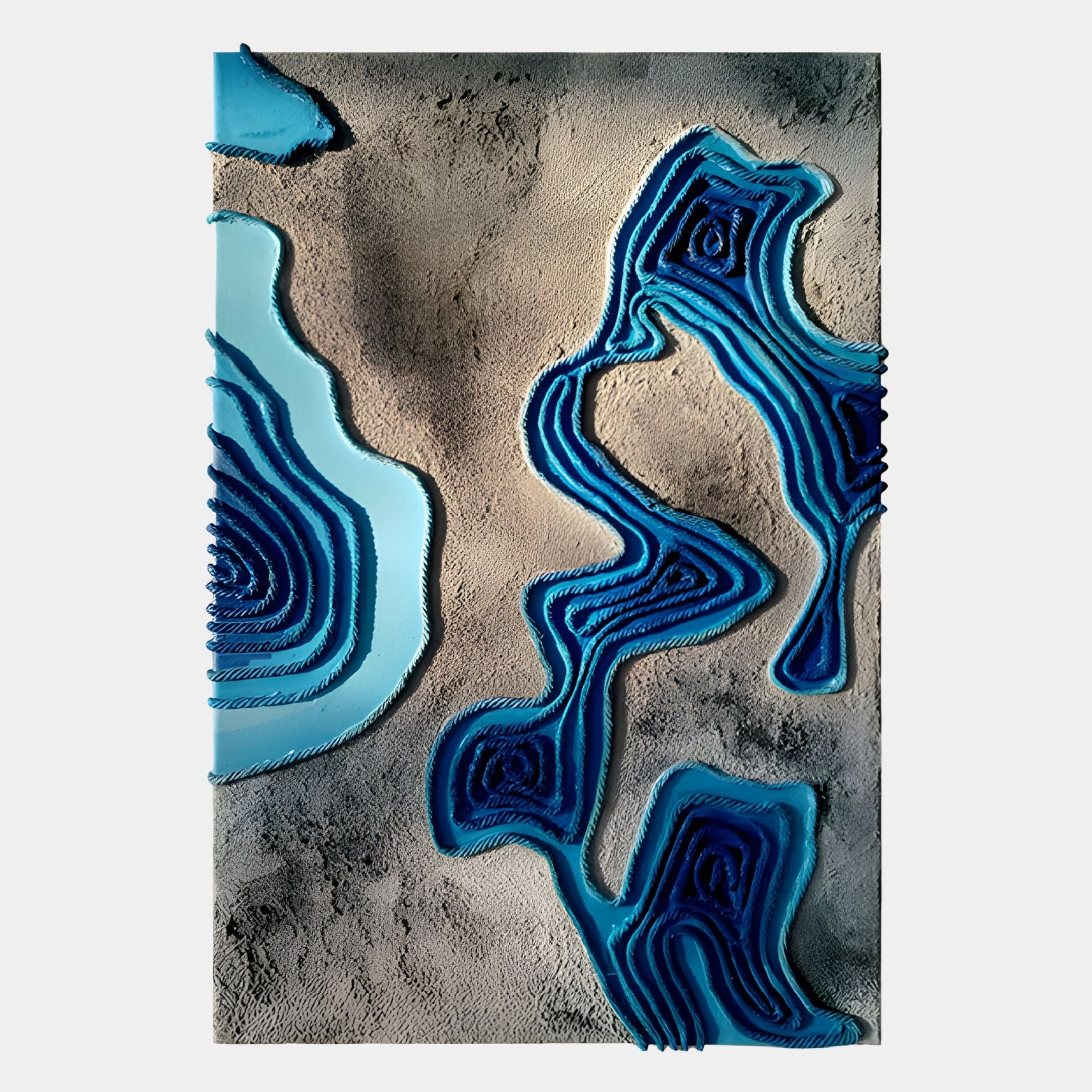 The Giant Sculptures Terracore Aqua Blue Contour Relief Abstract 3D Wall Art showcases layered, contoured blue shapes on a textured sandy background for a striking modern centerpiece.