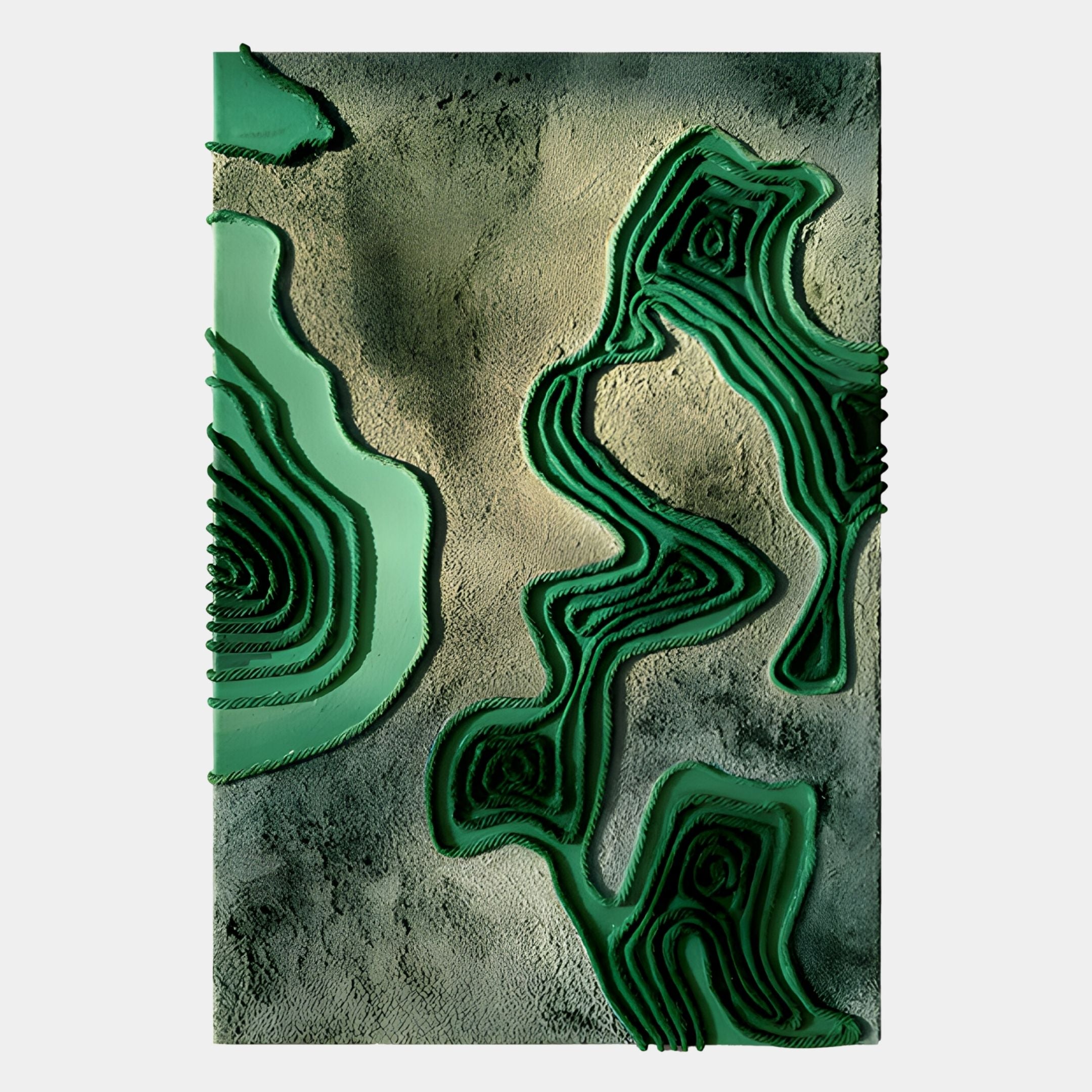 The Giant Sculptures Terracore Deep Green Contour Relief Abstract 3D Wall Art features layered topographic shapes on an earth-toned background, creating a modern elevation map look perfect for contemporary spaces.