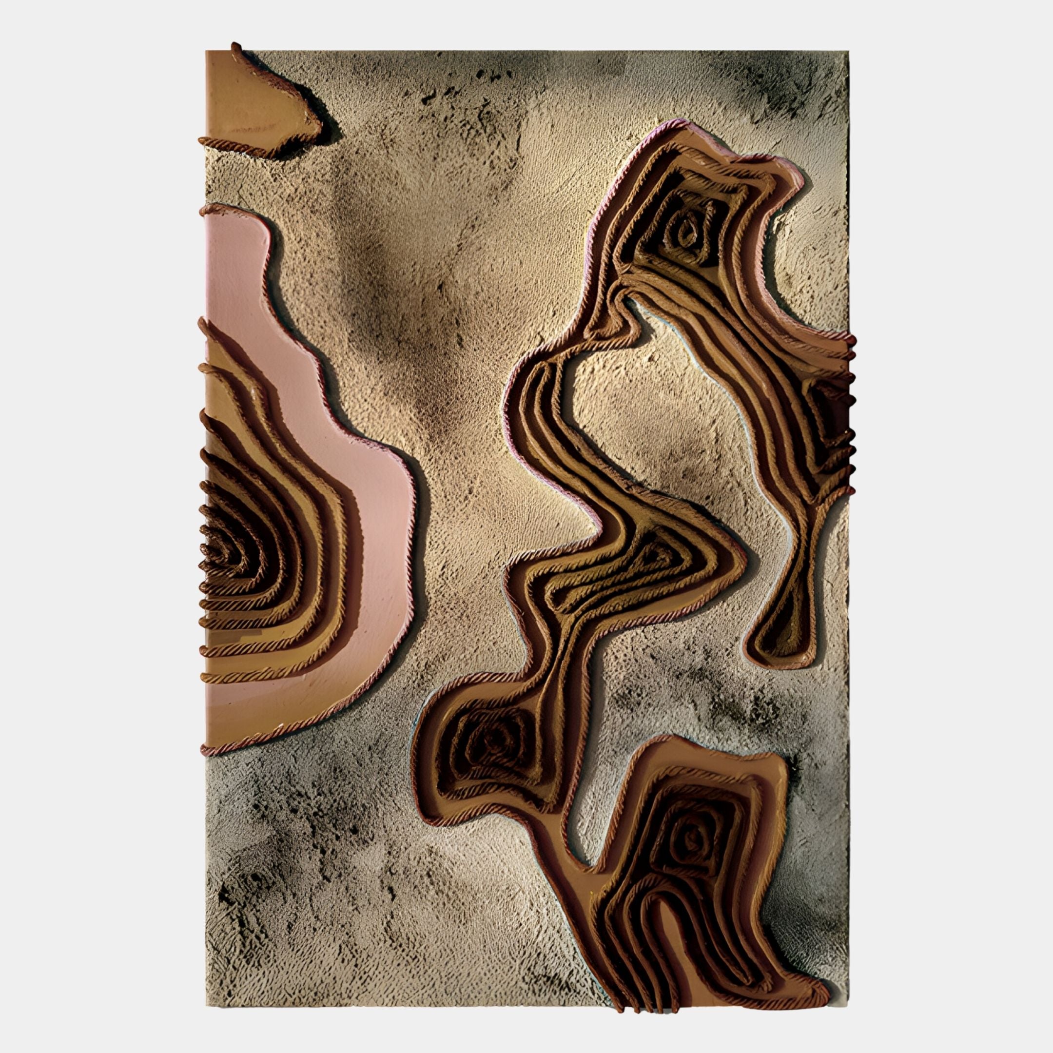 Terracore Earth Brown Contour Relief Abstract 3D Wall Art by Giant Sculptures features layered, wavy shapes in brown, beige, and pink tones on a textured background, creating a striking topographic effect.