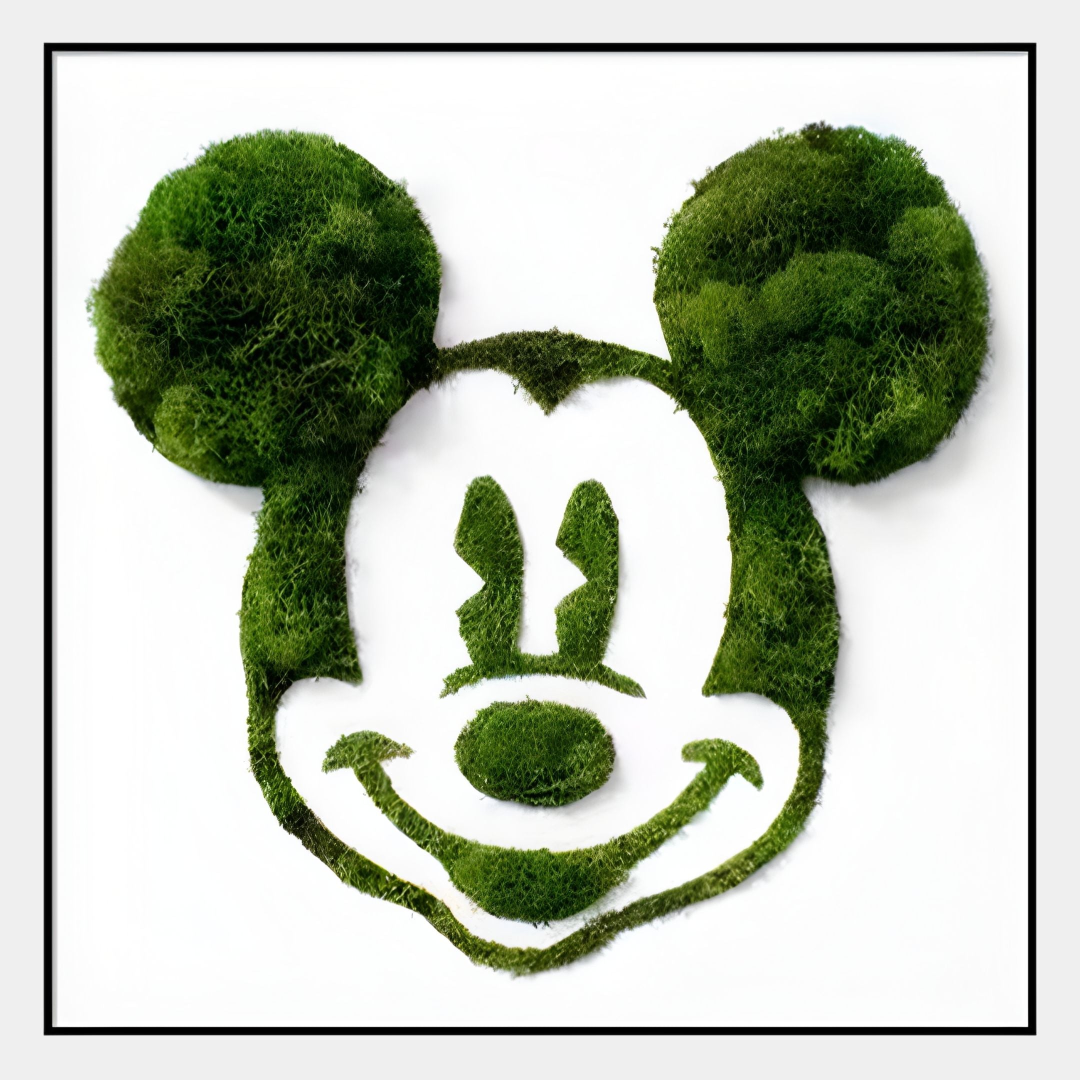 The Giant Sculptures Verdifable Square Green Mouse Silhouette Moss 3D Wall Art features green moss shaped into a Mickey Mouse-like outline on white, framed in black—adding playful modern Nordic style to your space.