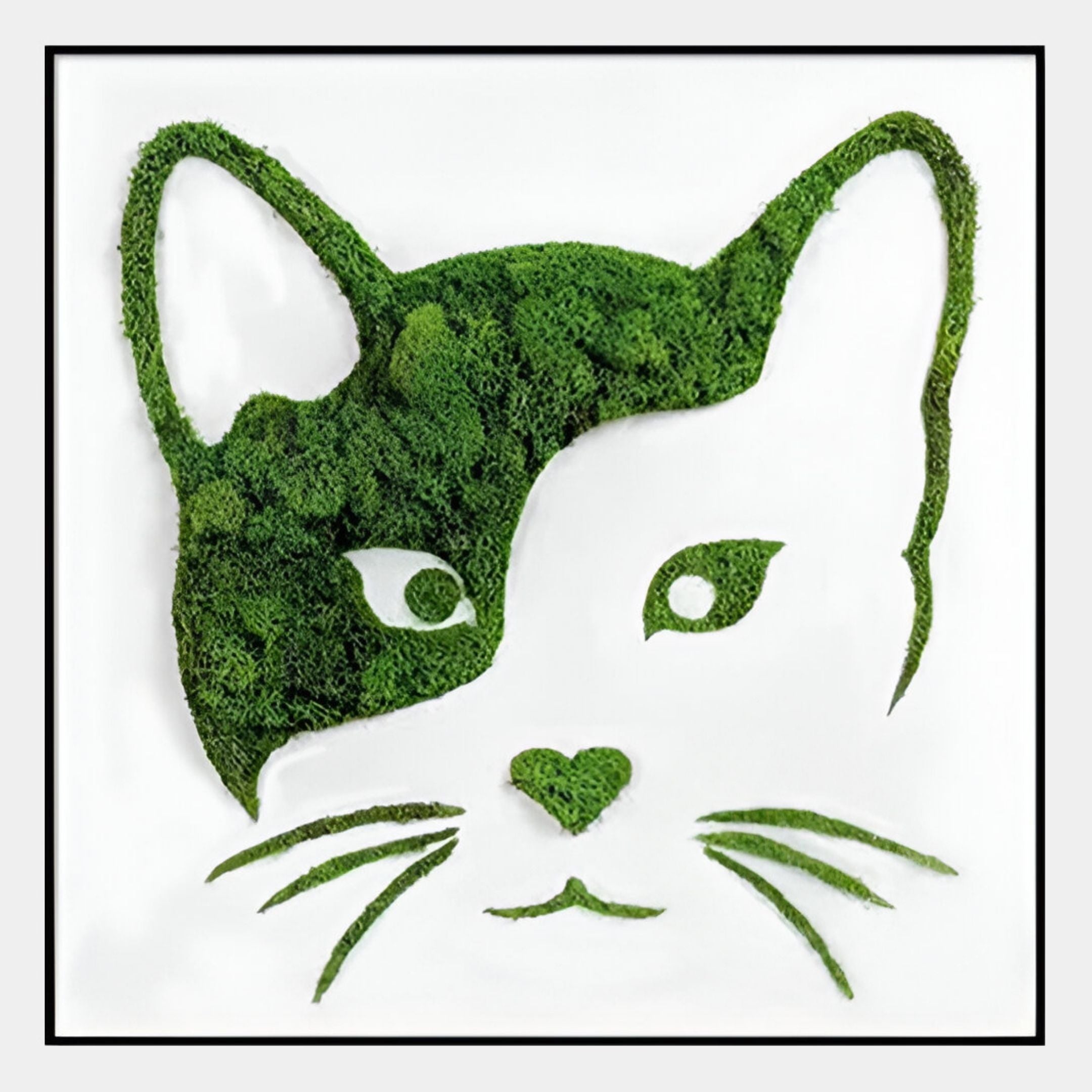 The Verdifable Square Green Cat Portrait Moss 3D Wall Art by Giant Sculptures features a green cat design with preserved moss on a white background, highlighting its ears, eyes, nose, mouth, and whiskers for unique natural wall decor.