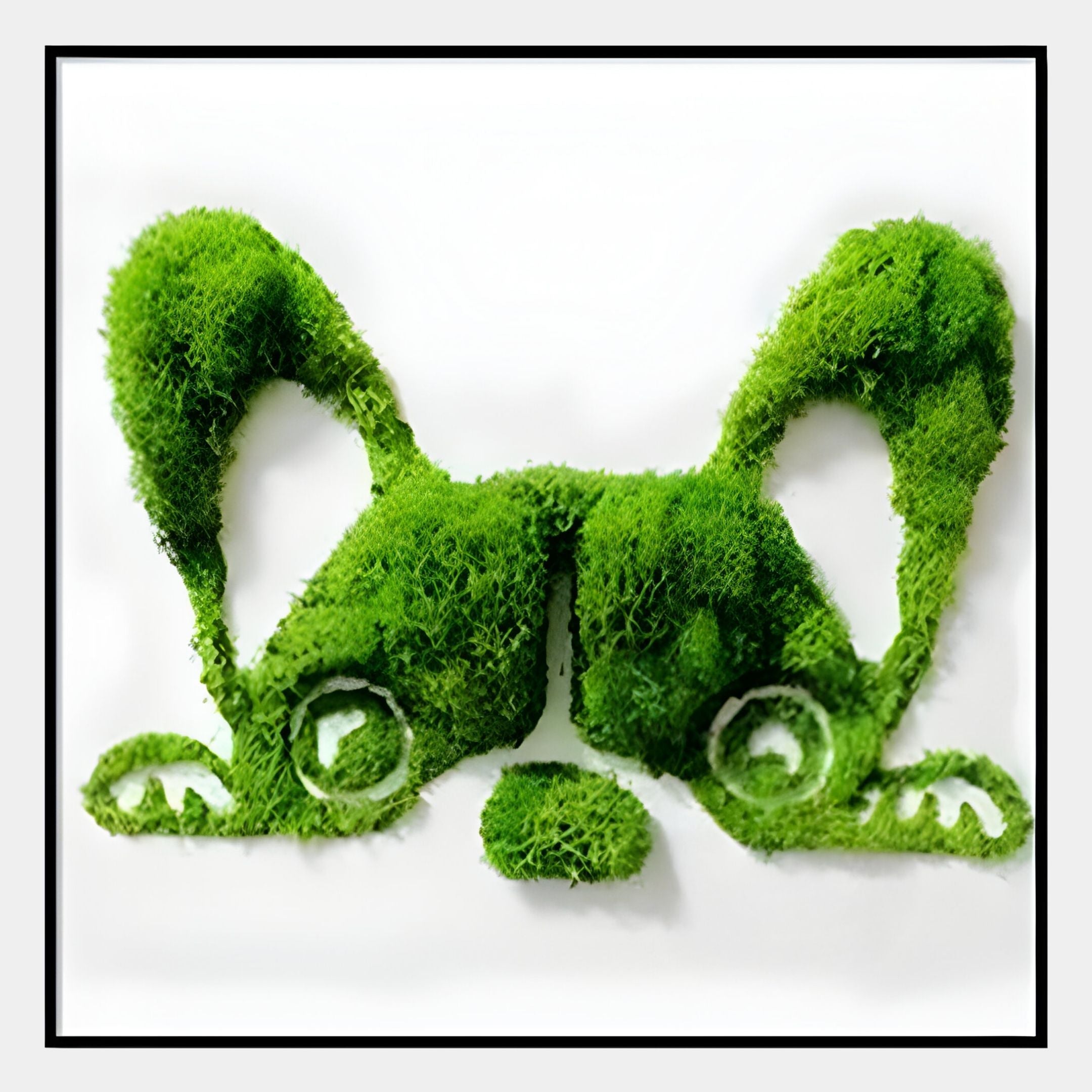 The Verdifable Square Green Puppy Ears Moss 3D Wall Art by Giant Sculptures features moss arranged as a cartoon dog's face with puppy ears, eyes, and nose on a white background in a sleek black frame.